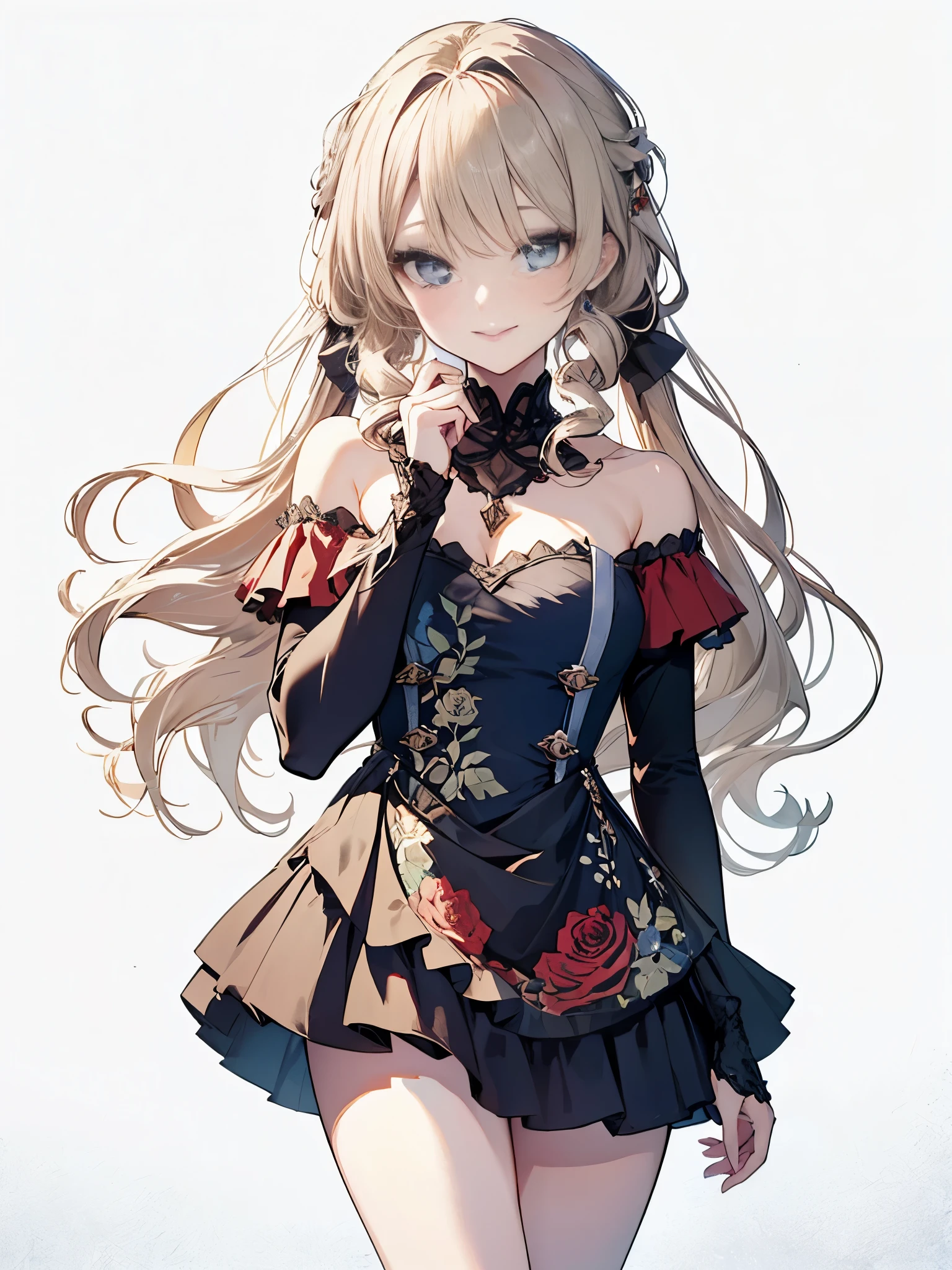 masterpiece, highest quality, High resolution, SA1, Floral off-shoulder dress, Beautiful blue eyes, False eyelashes,kind smile, Platinum blonde twin tails, Mature atmosphere, Rose,