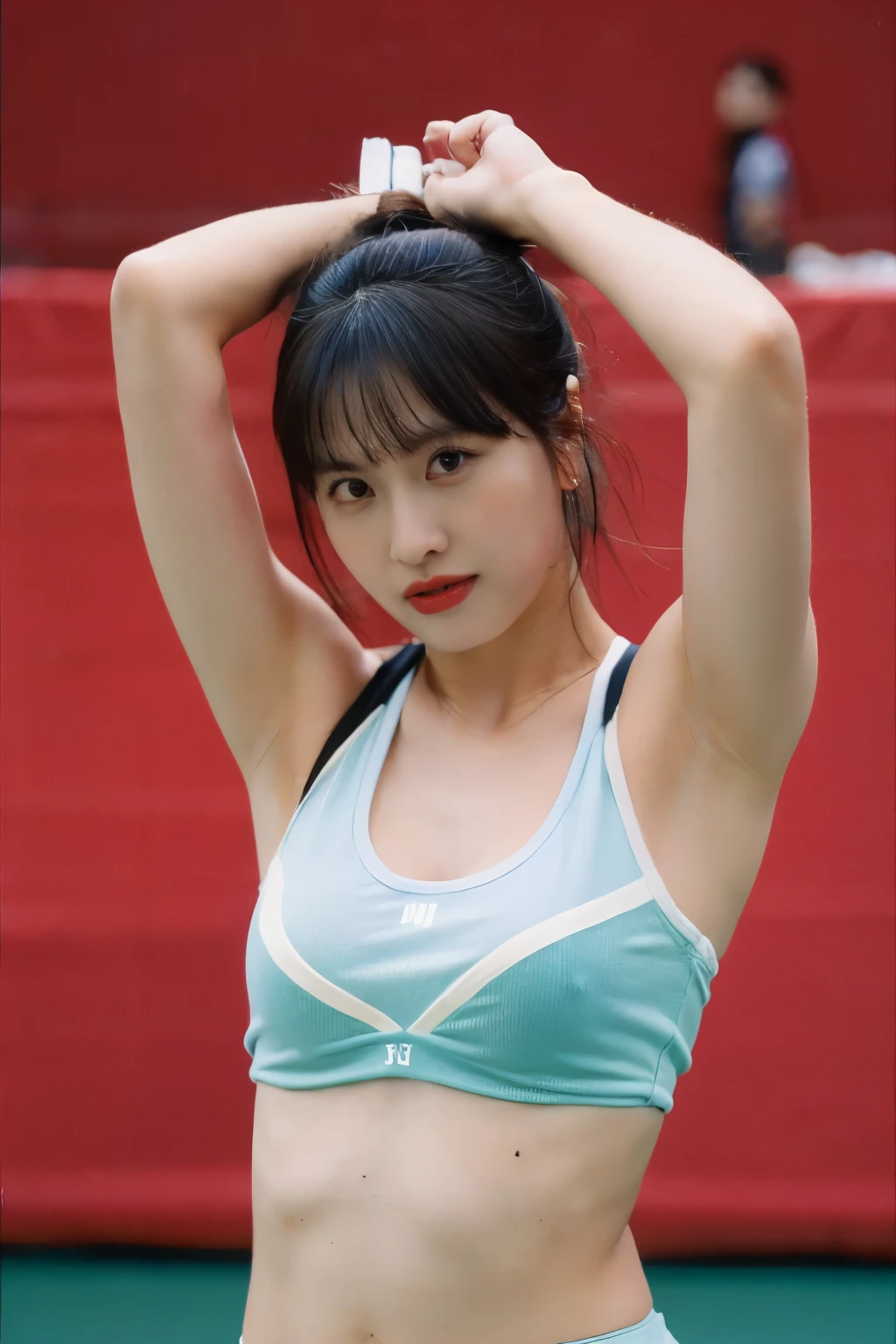 (beautiful korean female idol:1.25), NSFW, TOPLESS, REALISTIC NIPPLE, MEDIUM BREAST, DETAILED NIPPLE, (58 inch breasts size), (fleshy juicy body:1.5), (thick arms:1.5), (holding racket - playing tennis), armpit visible, wearing multicoloured micro sport bra, tennis sneakers,NUDE,, fullbody shot, bokeh background, professional photograph, award-winning portrait, masterpiece, 8K UHD, high detail full-body view, symmetrical, Nikon D850, 85mm lens, f/1.8, depth of field, full body shot, facing the camera, eyes focused on the audience's camera, expression tired but still sexy,