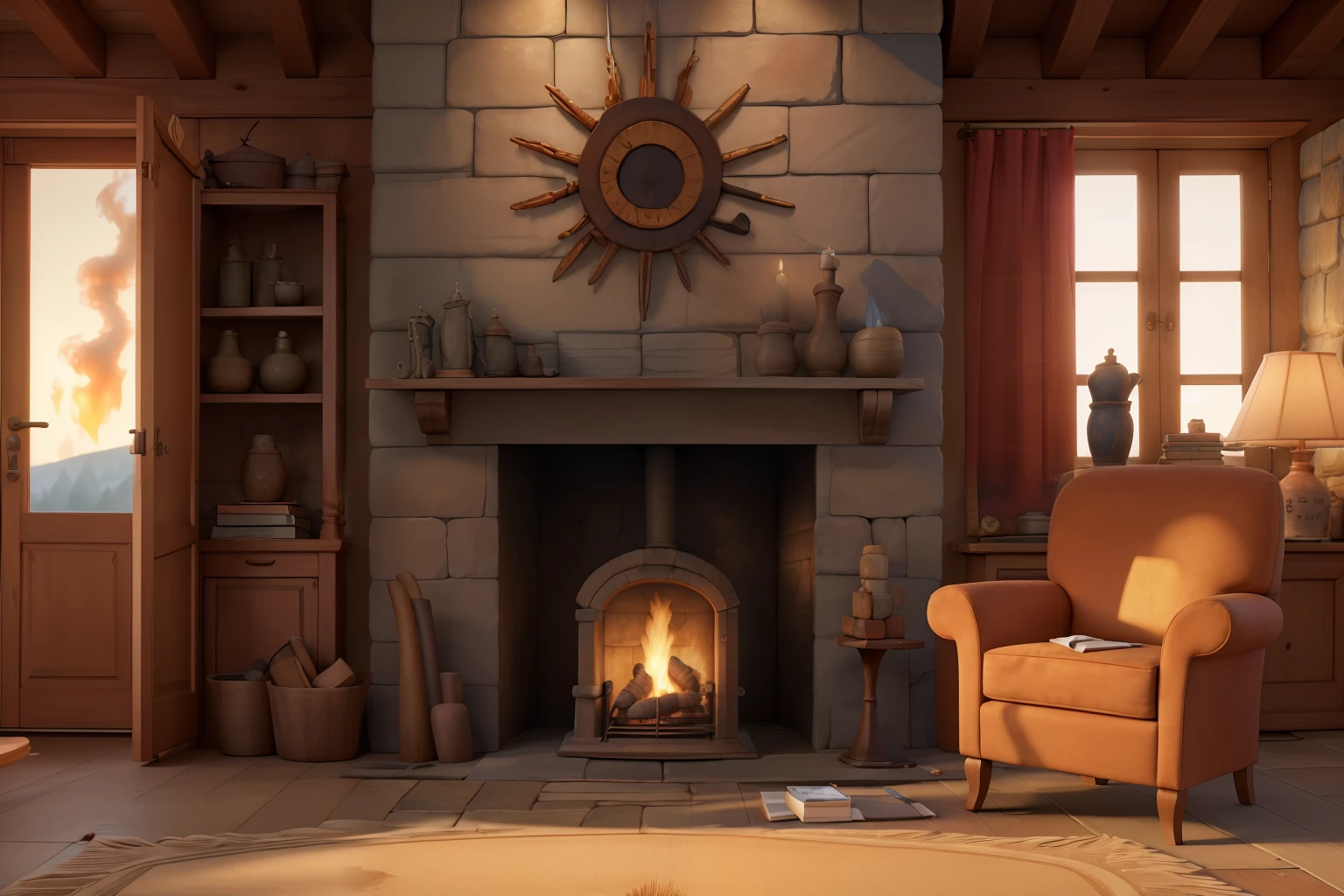 (best quality,4k,8k,highres,masterpiece:1.2),ultra-detailed,realistic,photorealistic,photo-realistic:1.37,detailed stone wall,fireplace with burning fire,painting in the background,candles,no side walls visible,high stone ceiling, Paintings hang on the wall