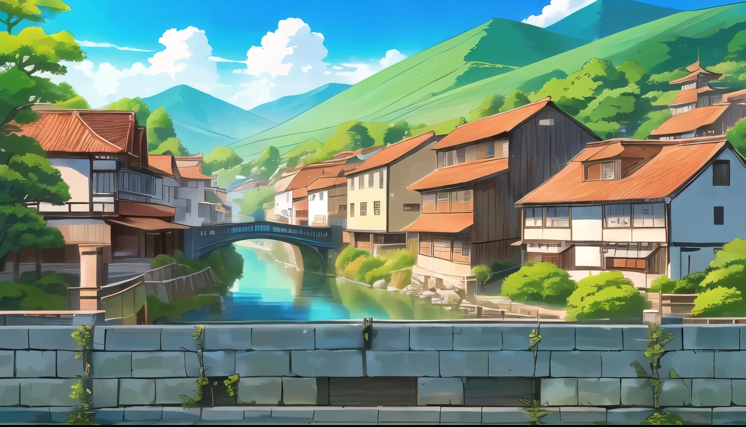 anime scenery of a small town with a bridge over a river, town background, anime background art, anime background, anime countryside landscape, distant japanese village background, anime scenery, town in the background, beautiful anime scenery, anime movie background, anime scenery concept art, town center background, colorful anime movie background, hd anime cityscape, japanese town, anime landscape, anime landscape wallpaper