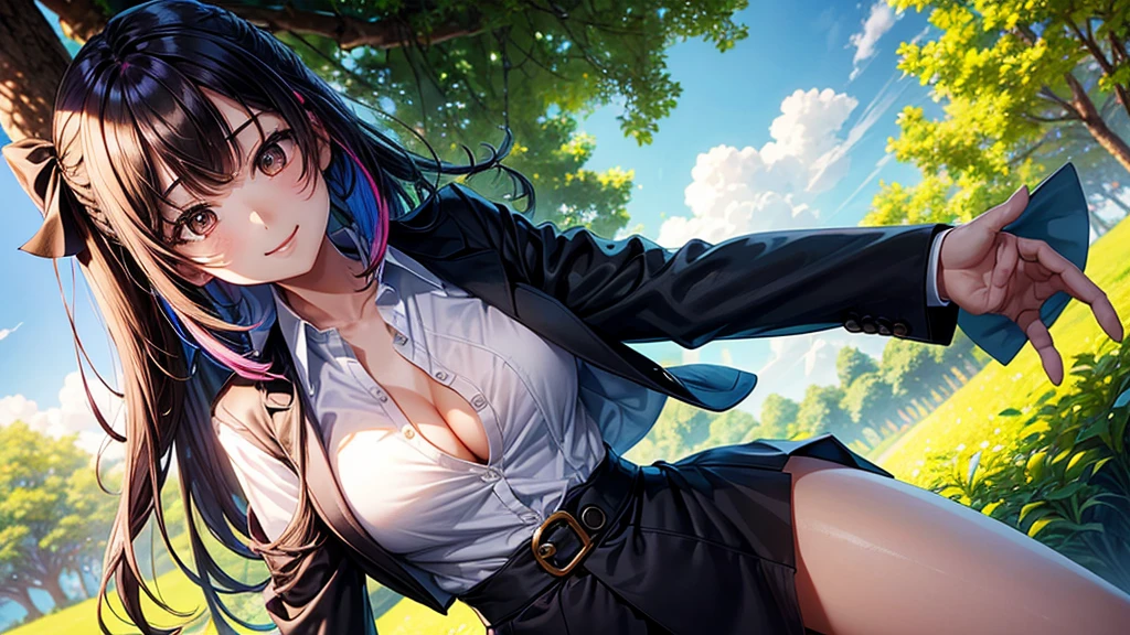 1girl, full body, solo, summer, village, trees, sun, clouds, ((colorful hair)), large breasts, ((black blazer)), button down shirt, ((white shirt)), ((short sleeved shirt)), ((unbuttoned shirt)), unbuttoning buttons, cleavage 1:3, brown eyes, skirt, smile, looking at the viewer, standing, hair ribbon, golden necklate