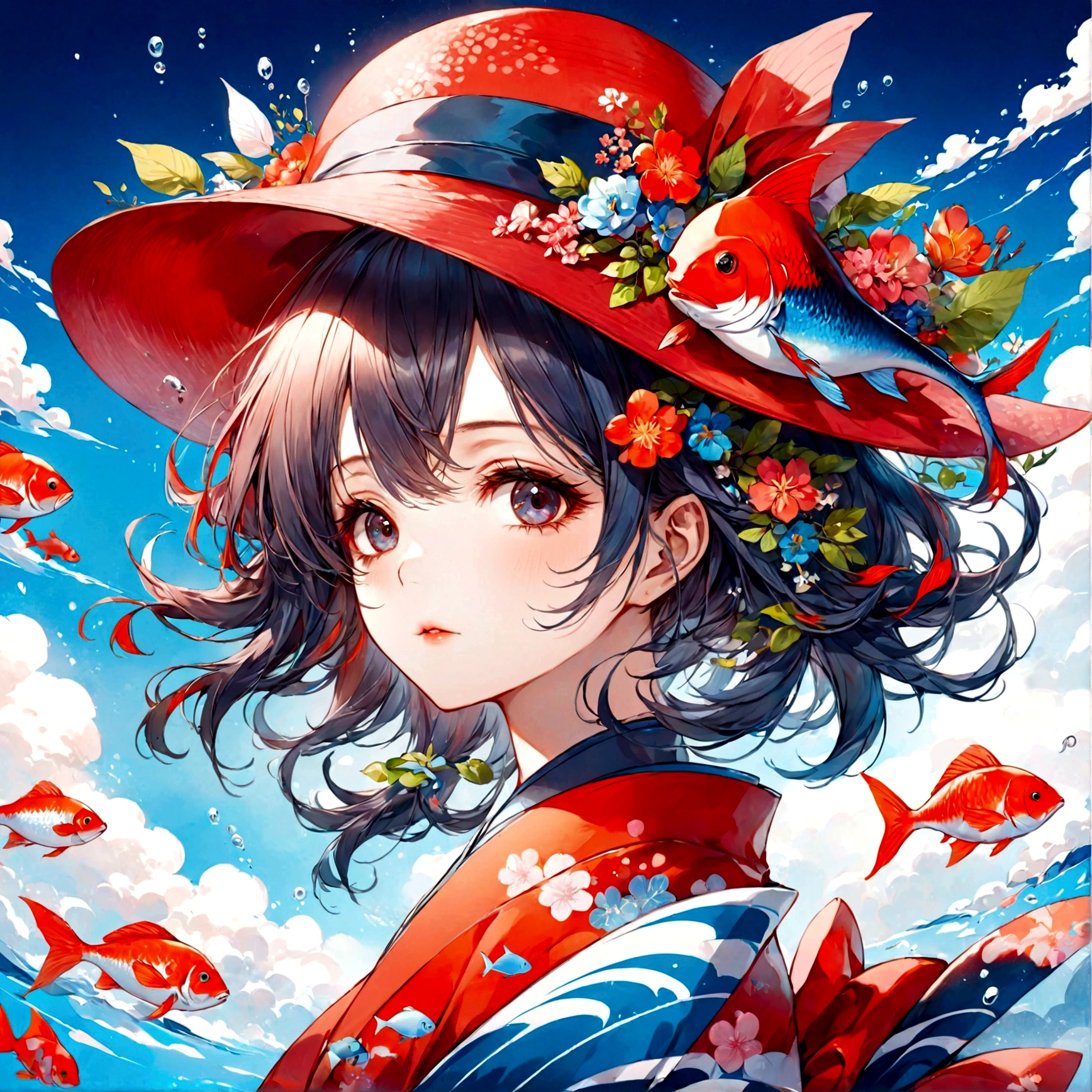 1girl, anime girl with a red hat and a fish in her hair, a beautiful artwork illustration, beautiful anime artwork, beautiful digital illustration, beautiful anime art, beautiful digital artwork, anime style illustration, beautiful anime art style, beautiful anime portrait, anime fantasy illustration, anime styled digital art, anime graphic illustration, japanese art style, exquisite digital illustration, anime art wallpaper 4k, a digital painting by Yuumei, pixiv contest winner, fantasy art, masterpiece, best quality, very aesthetic, absurdres