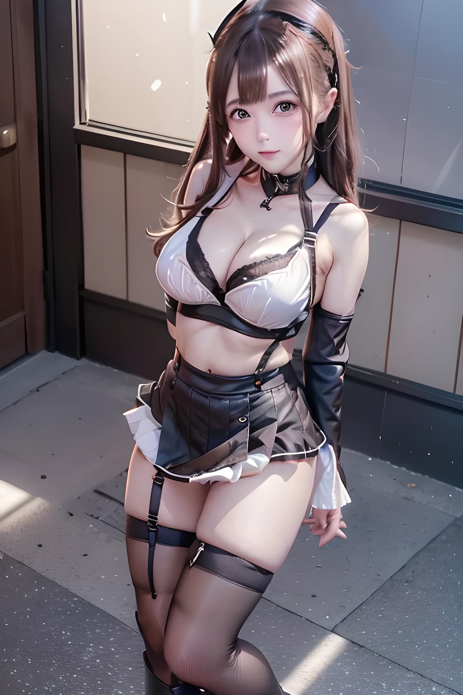 Brown Hair、Staring at the audience Black suspenders bulging big breasts wall: Black mini skirt garter sight Small face Bans holster Beautiful woman Show your hand leg holster lying on bed sight Black boots panty shot Taunt side side sweat ponytail