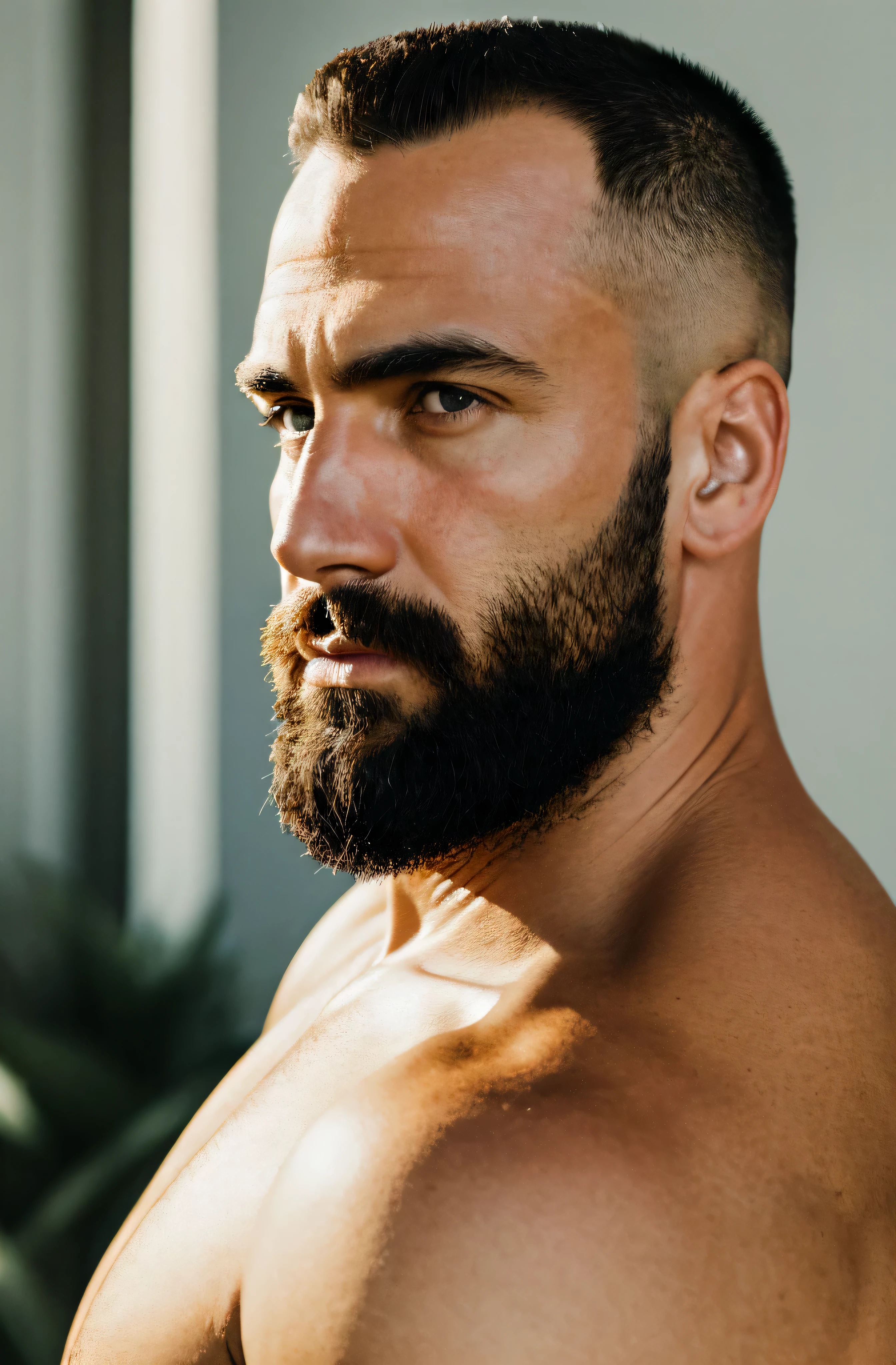 (best quality,ultra-detailed,realistic:1.37),portrait,hiperrealism,hiperdetailed,sunny light,brilliant colors,40 years old man,muscled,handsome,bald,black long beard,intense gaze,only head and shoulders,first person perspective,looking directly at the camera, shaved head, no clothes.