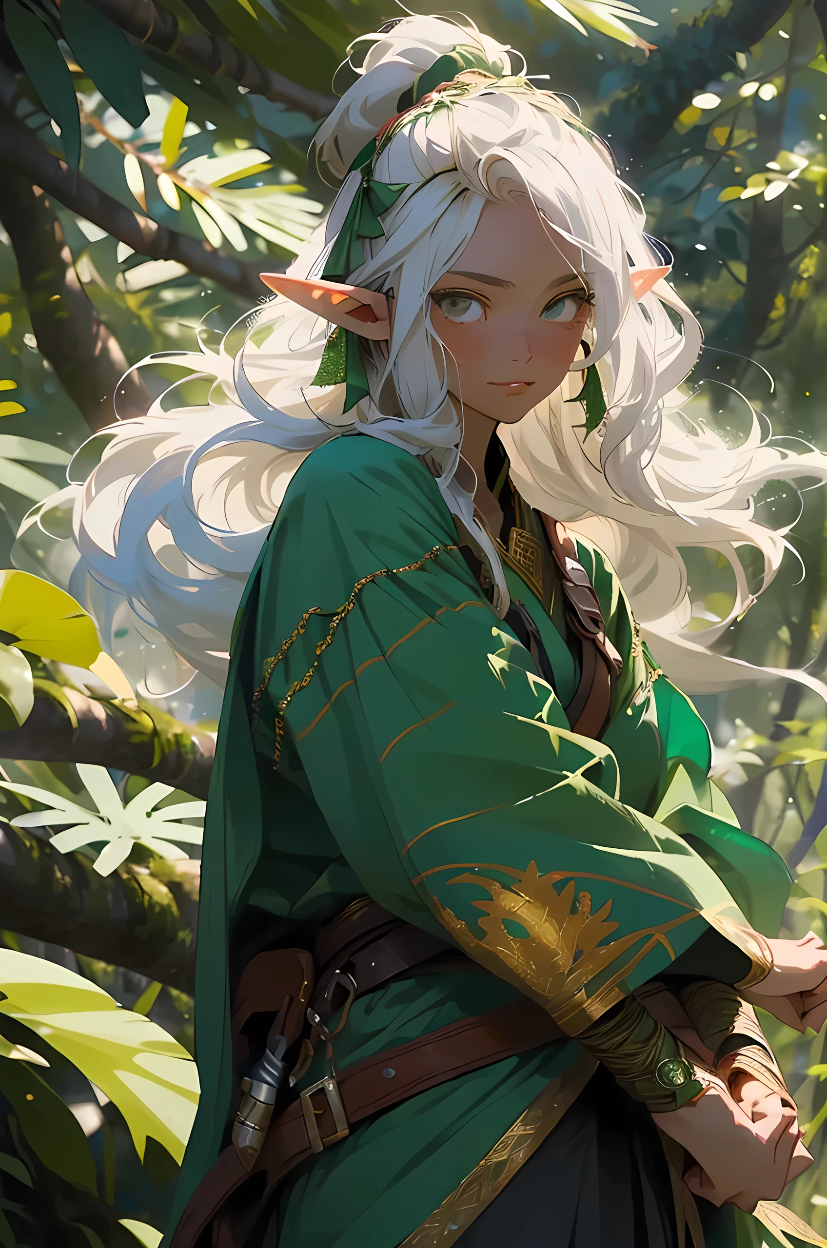 (((elf man))), (master part, Superior Quality, best quality, Official Art, Beauty and Aesthetics: 1.2), Very detailed, colorful, more detailed, (Summer forest Background: 1.5) (28 years), long hair, (bright eyes), Mysterious, (Magic), ((focused face)) elf, sparkling, Archer, Clothes of an elf warrior, a forest warrior, Male Elf Ranger