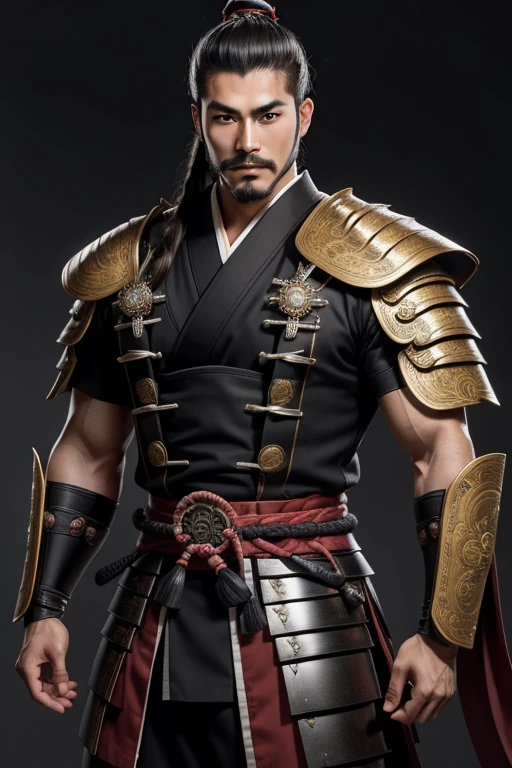 A majestic young samurai, reminiscent of the Kyushu region, exudes youthful power and elegance in his late twenties. His well-groomed traditional topknot and neatly trimmed mustache are distinct features of his handsomely chiseled face. His fair skin, accented by a dew-kissed complexion, adds a touch of youthful charm to his stern countenance.
Clad in an immaculate black samurai armor, the young warrior's physique is symmetrical and muscular, proudly showcasing a defined six-pack abs and a thick chest hair that complements his traditional attire. His arms are ad