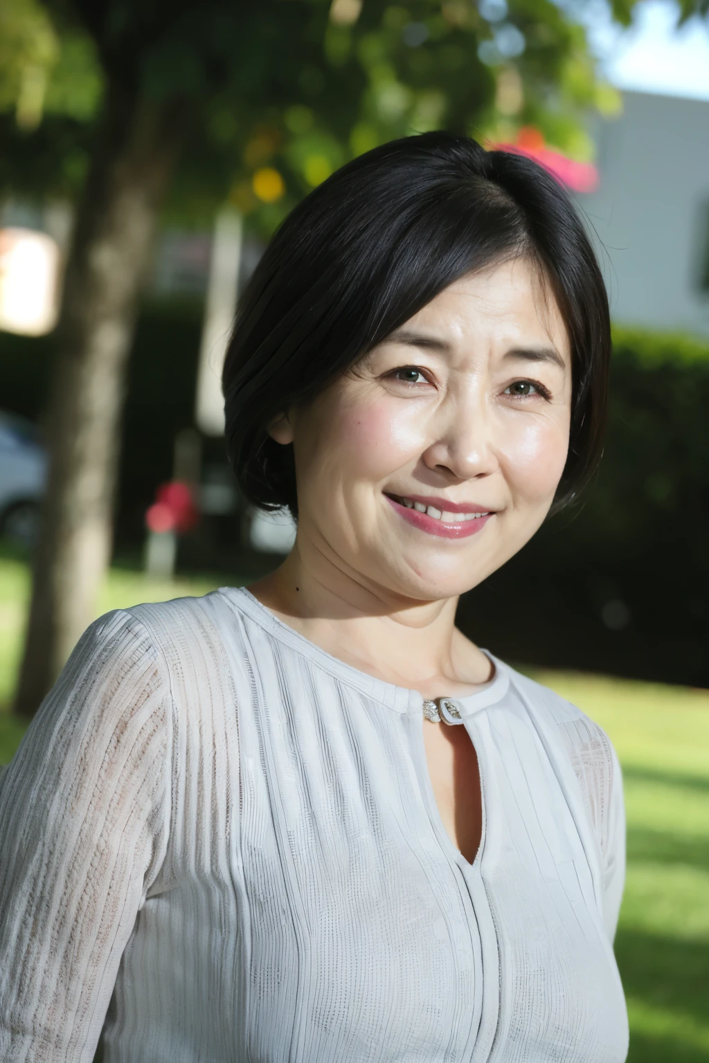 最high quality, In 8K, Masseter muscle area, Lifelike, Sharp focus, high quality, High resolution, Detailed face, Detailed eyes, Thick lips, (Look at the viewers), solo, Middle-aged women, , 60 years old, , Wavy Hair, Cleavage, Wearing a plain short-sleeved knit, Afternoon in front of the park garden, Wrinkles around the eyes, Toothy smile