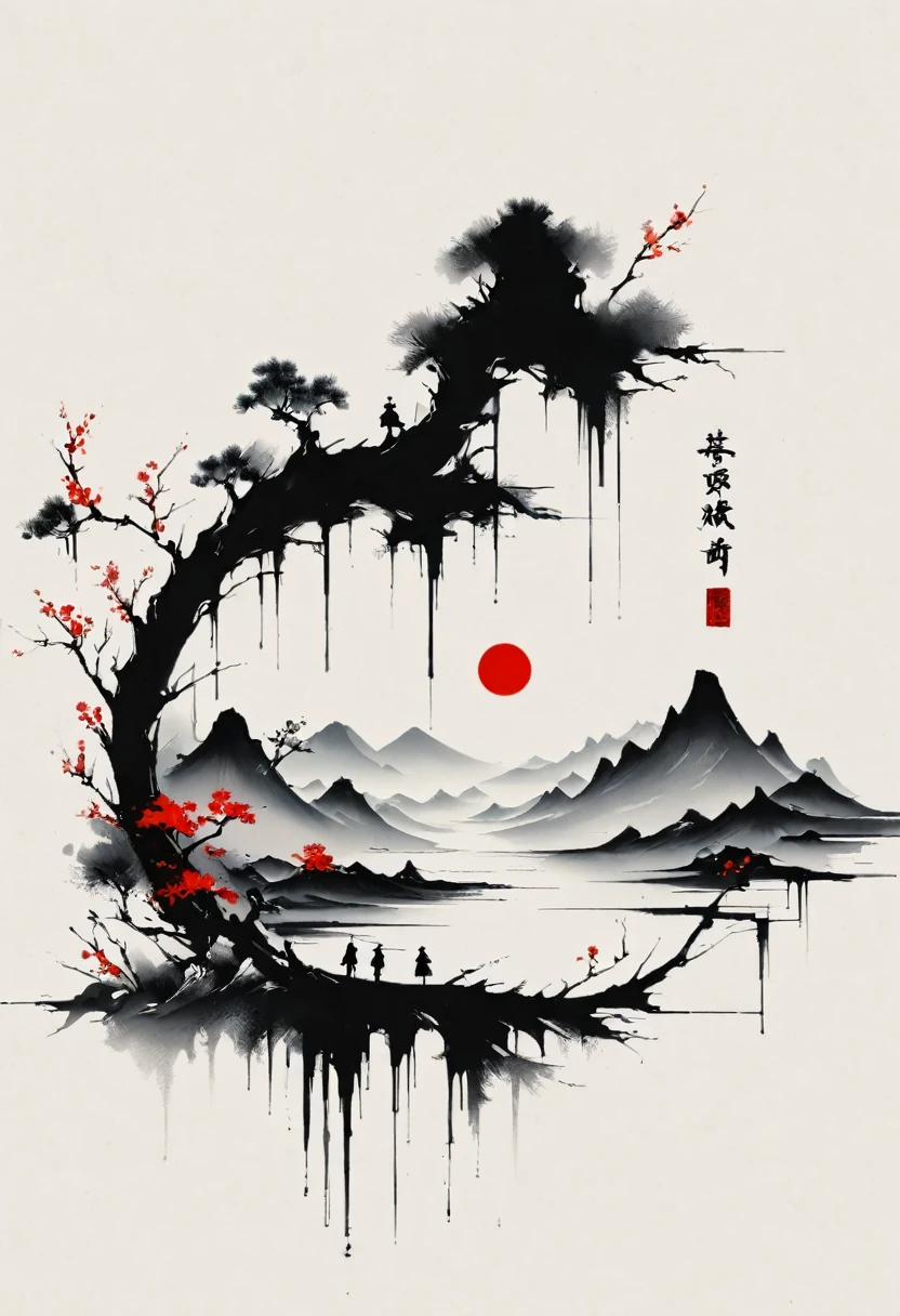 中国Ink Painting, Gray and White, Minimum, Wire, White background,Great Wall, Minimalism, Wire性风格, Huge negative space, Ink Painting, Abstract,Bloodstained Remnants