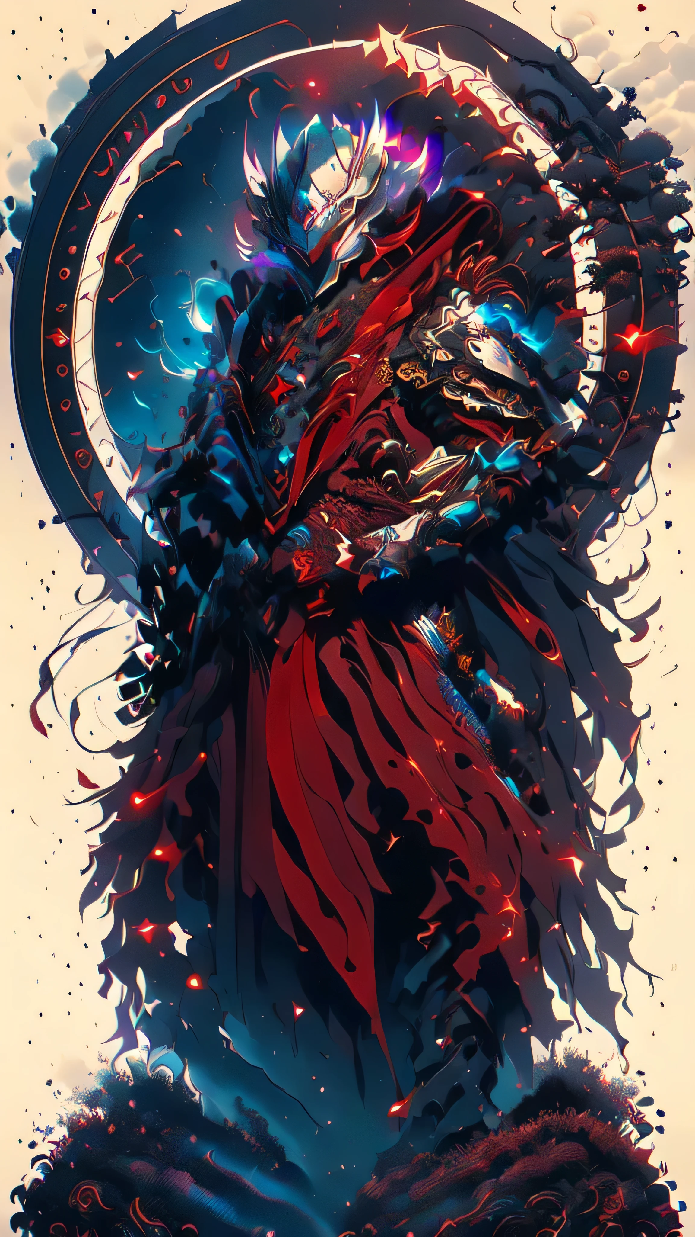 Cyberpunk male, fantasy world, dark background, clean design, epic instagram, artstation, colorful paint splatter, silhouette, hyper detailed intricate details, unreal engine, fantasy, Katana, intricate details, splash screen, complementary colors, Fantasy concept art, 8k resolution, (isolated on white background: 1.3), rainbow skin, (((handsome young man))), ((teenage:1.5) ), (glowing blue eyes), ((light eyes)), ((((short white hair: 1.1))), ((red clothes)), (prince\\(indifferent expression\\),, (((Wears high detail luxurious red robe))), mandala in background, mandala in background, black and purple
