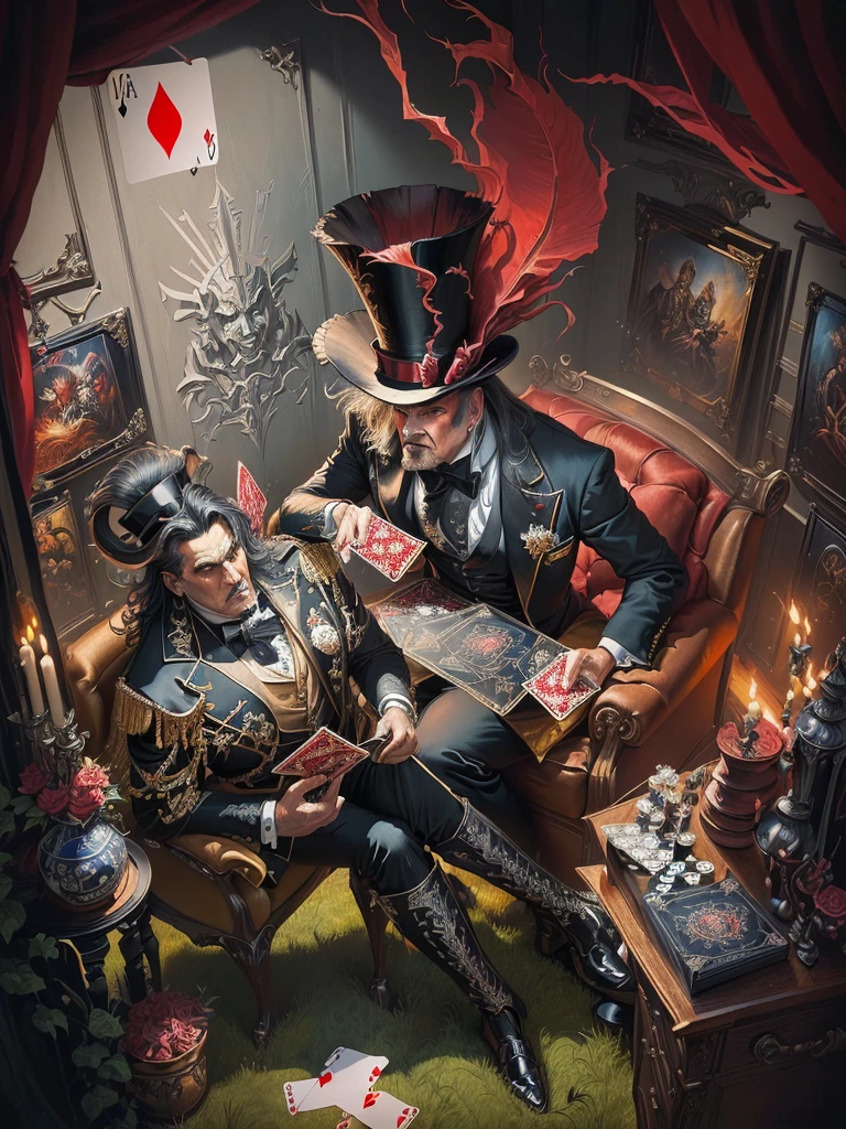Painting of a man in a top hat and the devil, playing cards, piece of art, album art, detailed cover piece of art, album piece of art, card game illustration, official piece of art, Dave Arredondo, Wayne England, Board game cover, album, Epic fantasy art card game, satirical painting, "Pig, 1 9 8 0's heavy metal album art