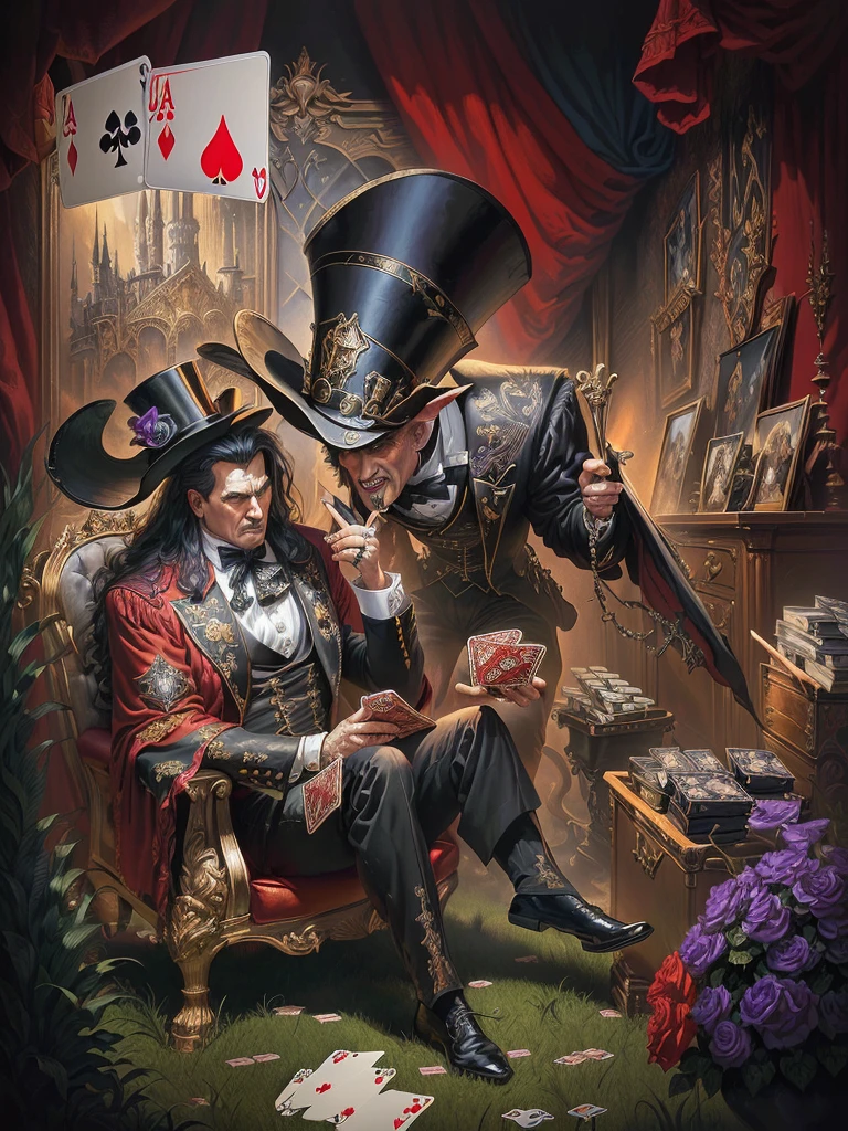 Painting of a man in a top hat and the devil, playing cards, piece of art, album art, detailed cover piece of art, album piece of art, card game illustration, official piece of art, Dave Arredondo, Wayne England, Board game cover, album, Epic fantasy art card game, satirical painting, "Pig, 1 9 8 0's heavy metal album art