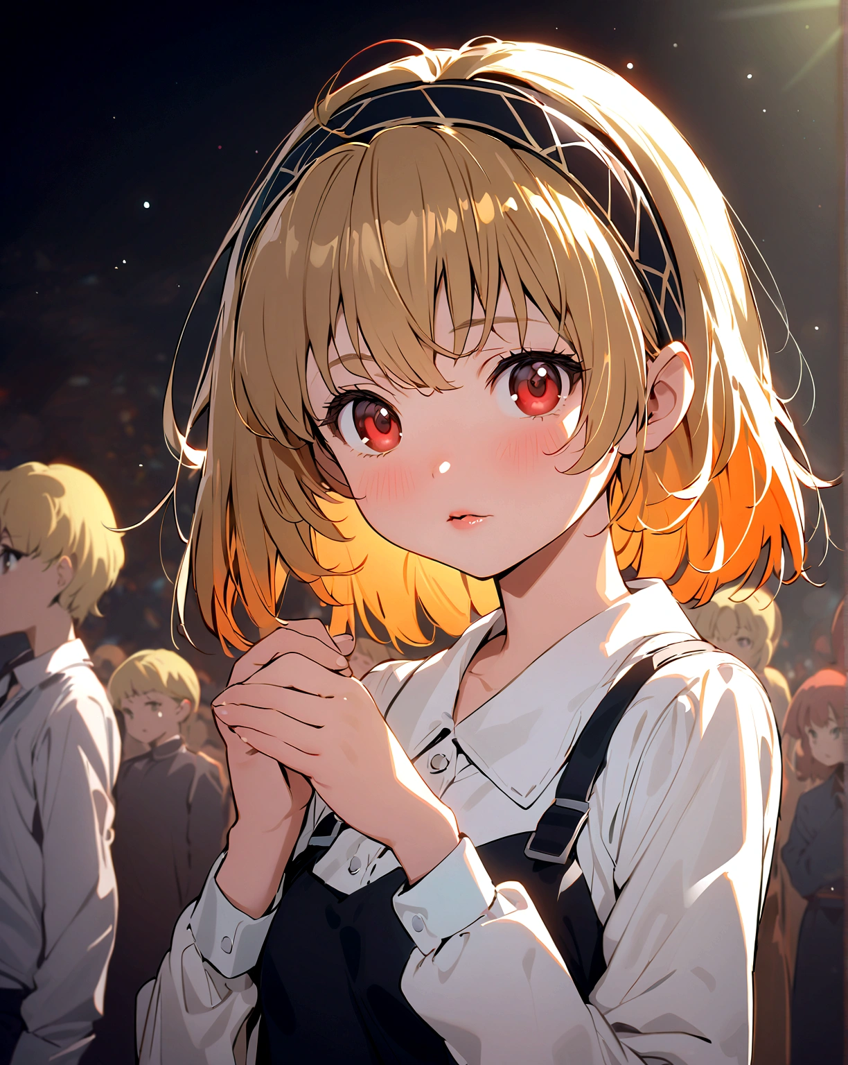 (houjou_satoko), 1girl, (blonde hair), red eyes, short hair, hairband, small breasts,11 years old, solo、Staring at the audience、shirt、Long sleeve、白いshirt、Upper Body、lipsを離す、Raise your hand、lips、