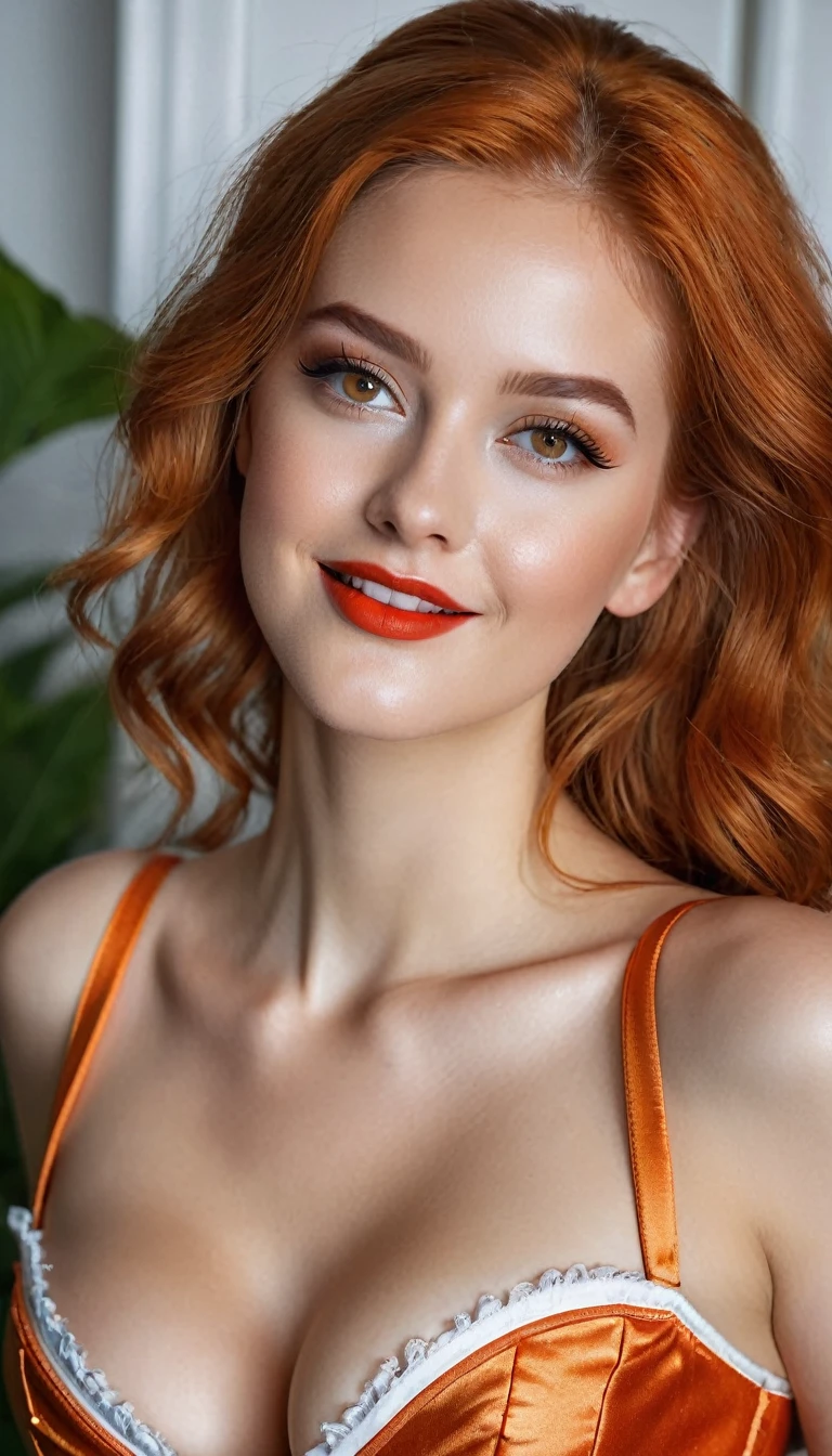 hyperrealistic beautiful busty 19-year-old woman with long legs wearing shiny orange corset and white wide-leg pants, model shooting full body photography, ginger very long straight updo hair, soaky wet skin, dark eye makeup with eyeliner, seductive smile, red lips, 8K, Best quality, Meisterwerk, ultra high resolution, (Realismus: 1.4), Originalfoto, (realistische Hautstruktur: 1.3), (Filmkorn: 1.3), (Selfie-Winkel), 1 girl, Beautiful round hazel eyes and facial details, Meisterwerk, Best quality, indoor photography, nsfw