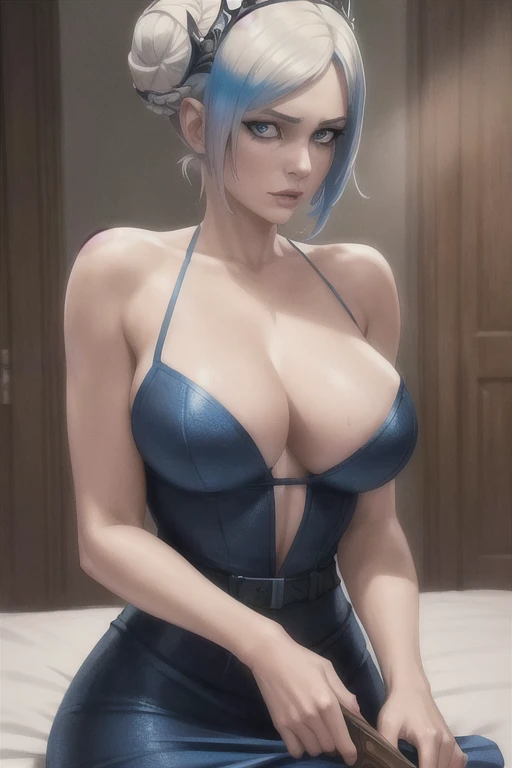 (extremely detailed CG octane render 8k wallpaper), 1girl, solo, masterpiece best quality, 26 year old Scandinavian woman, Short blonde hair, bun-like hairstyle, bright blue eyes, pale skin, large breasts, dark blue dress, cleavage, exposed shoulders, silver tiara, white stash, a Full Shot body portrait, looking at the camera, full dynamic color, Intricate, High Detail, Sharp focus, dramatic, photorealistic painting art by greg rutkowski
