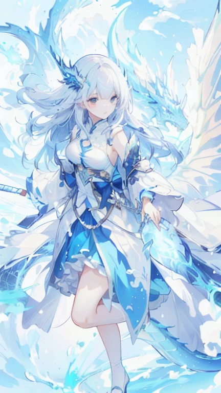 a girl with blue dress and white hair in dragon hunter style, floating in the air together with a large blue dragon, in HD, beautiful and with a powerful aura, 4k