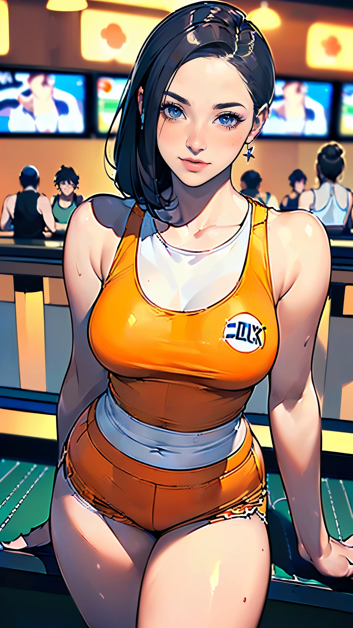 masterpiece,highest quality,Very detailed,High resolution,8k,wallpaper,Perfect lighting,break(One Woman),(Mature woman working as a waiter at a sports bar:1.5),(45 years old),(hooters),(((A very form fitting white tank top:1.5))),((The tank top has the logo of a sports bar on it.:1.5)),(((tiny orange shorts))),(((Very detailedなコスチュームの描画:1.5))),(Beautiful Eyes:1.5),(Detailed face drawing:1.5),(Detailed face drawing:1.5),((Very detailedな女性の手:1.5)),(Shiny skin:1.2),(Big Breasts:1.2),(Thick thighs:1.5),(Sensual body:1.5),(Sports bar background:1.5),(((Blur the background:1.5))),(((I&#39;m embarrassed:1.5)))