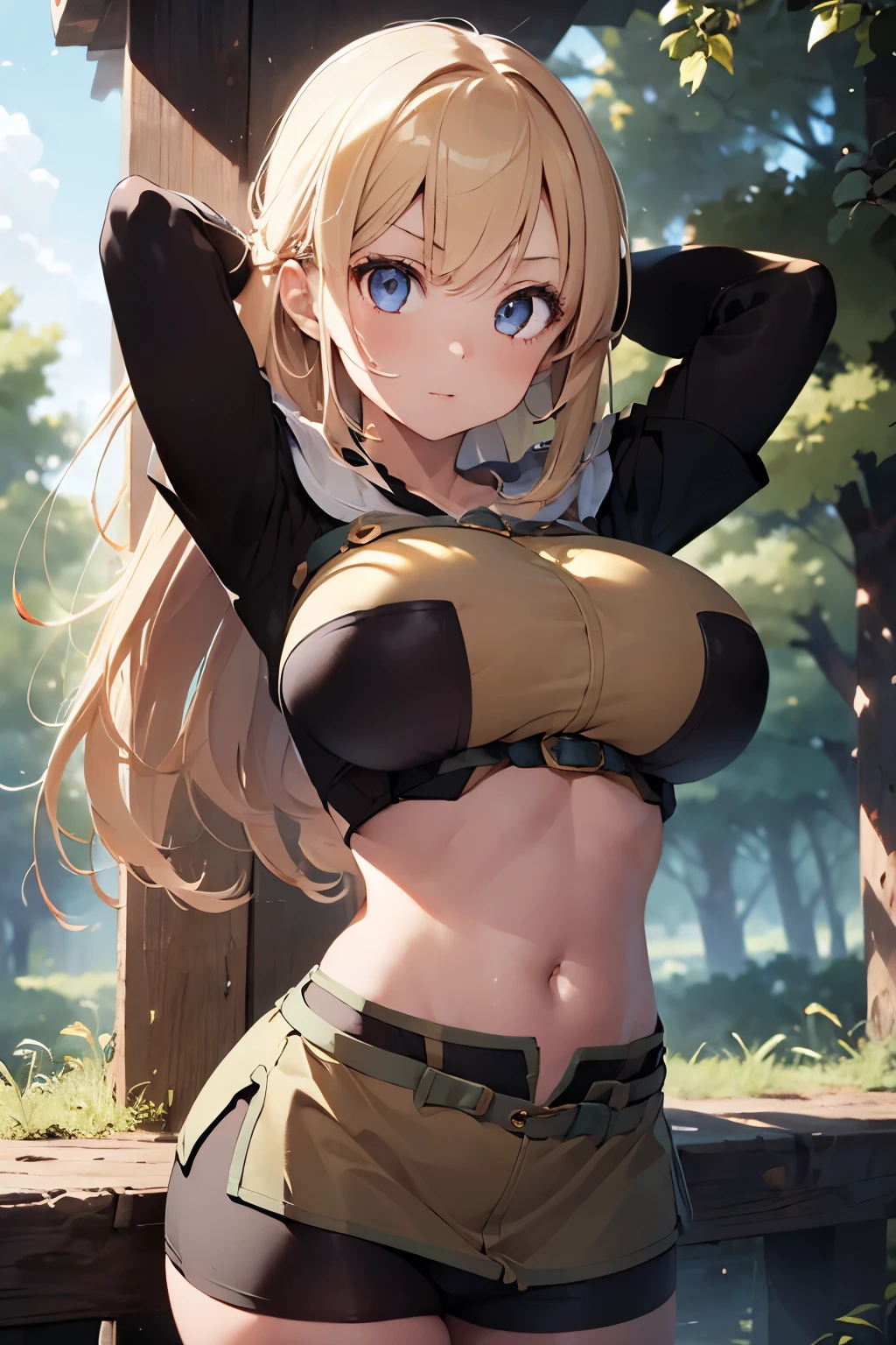 1girl, ragnarokhunter, huge breasts, arms up, serious, blond hair, long hair, in forest, masterpiece, high quality, best quality, beautiful, hd, perfect lighting, detailed face, detailed body, masterpiece, best quality, intricate details, 8k uhd, perfect face, perfect eyes