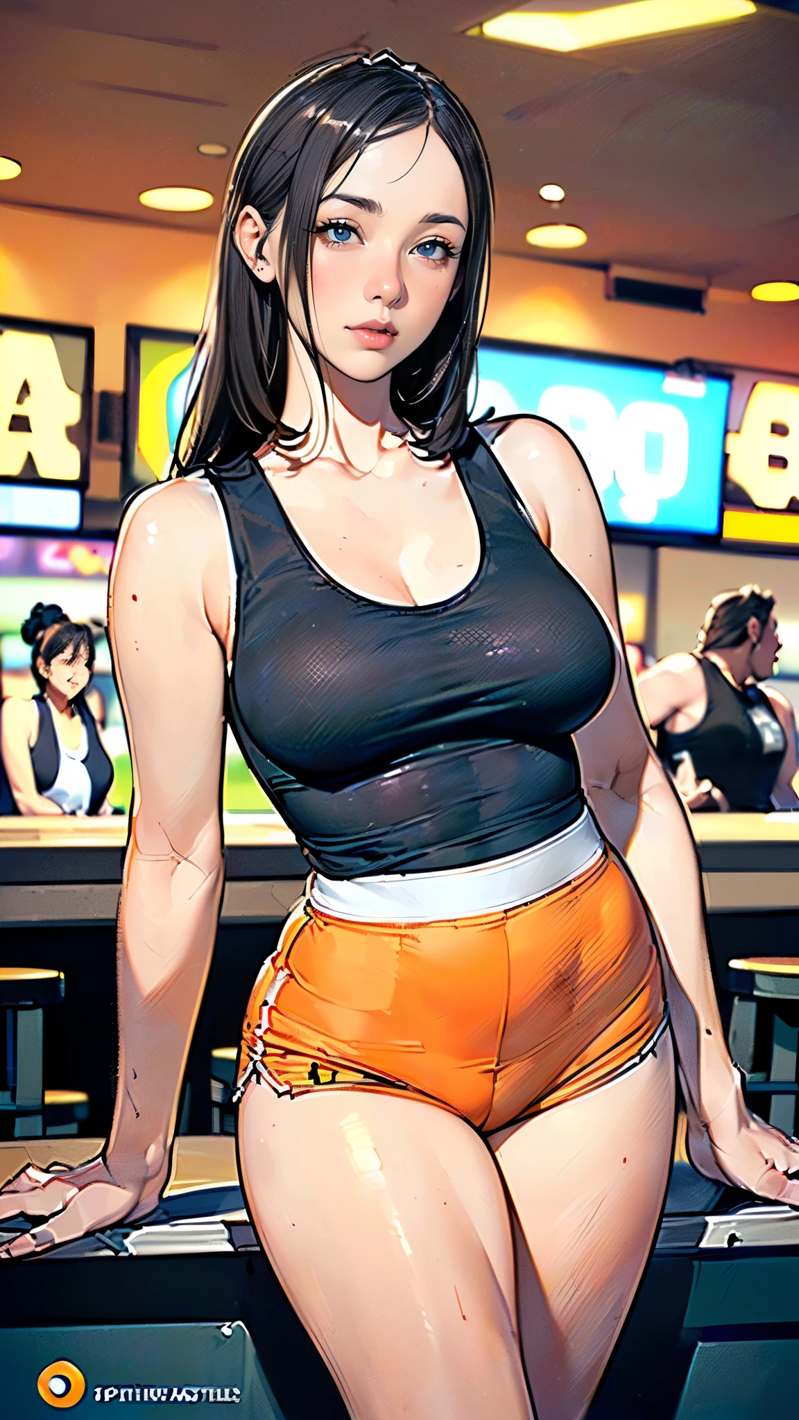 masterpiece,highest quality,Very detailed,High resolution,8k,wallpaper,Perfect lighting,break(One Woman),(Mature woman working as a waiter at a sports bar:1.5),(48 years old),(hooters),(((A very form fitting white tank top:1.5))),((The tank top has the logo of a sports bar on it.:1.5)),(((tiny orange shorts))),(((Very detailedなコスチュームの描画:1.5))),(Beautiful Eyes:1.5),(Detailed face drawing:1.5),(Detailed face drawing:1.5),((Very detailedな女性の手:1.5)),(Shiny skin:1.2),(Big Breasts:1.2),(Thick thighs:1.5),(Sensual body:1.5),(Sports bar background:1.5),(((Blur the background:1.5))),(((I&#39;m embarrassed:1.5)))