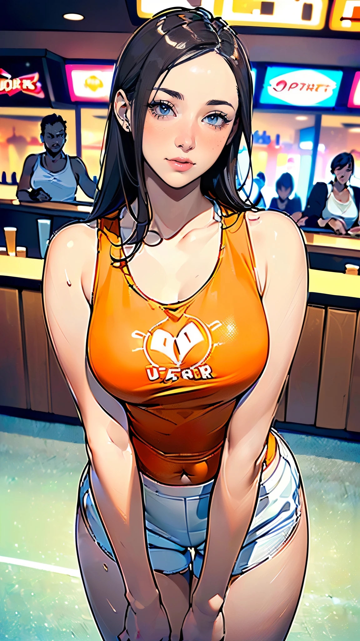 masterpiece,highest quality,Very detailed,High resolution,8k,wallpaper,Perfect lighting,break(One Woman),(Mature woman working as a waiter at a sports bar:1.5),(48 years old),(hooters),(((A very form fitting white tank top:1.5))),((The tank top has the logo of a sports bar on it.:1.5)),(((tiny orange shorts))),(((Very detailedなコスチュームの描画:1.5))),(Beautiful Eyes:1.5),(Detailed face drawing:1.5),(Detailed face drawing:1.5),((Very detailedな女性の手:1.5)),(Shiny skin:1.2),(Big Breasts:1.2),(Thick thighs:1.5),(Sensual body:1.5),(Sports bar background:1.5),(((Blur the background:1.5))),(((I&#39;m embarrassed:1.5)))