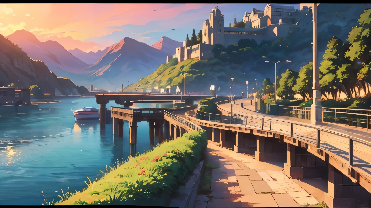 Highly detailed painting of a fantasy ferry harbour with ultra modern ferry boats in lush red vegetation, ultra modern warehouse in the background, Anime background art, Anime landscape, Highly detailed illustration, anime style cityscape, Makoto Shinkai's style, anime backgrounds, Anime landscapes, in the style of makoto shinkai, drawn in anime painter studio, beautiful anime scenery, Anime landscape concept art, Digital painting