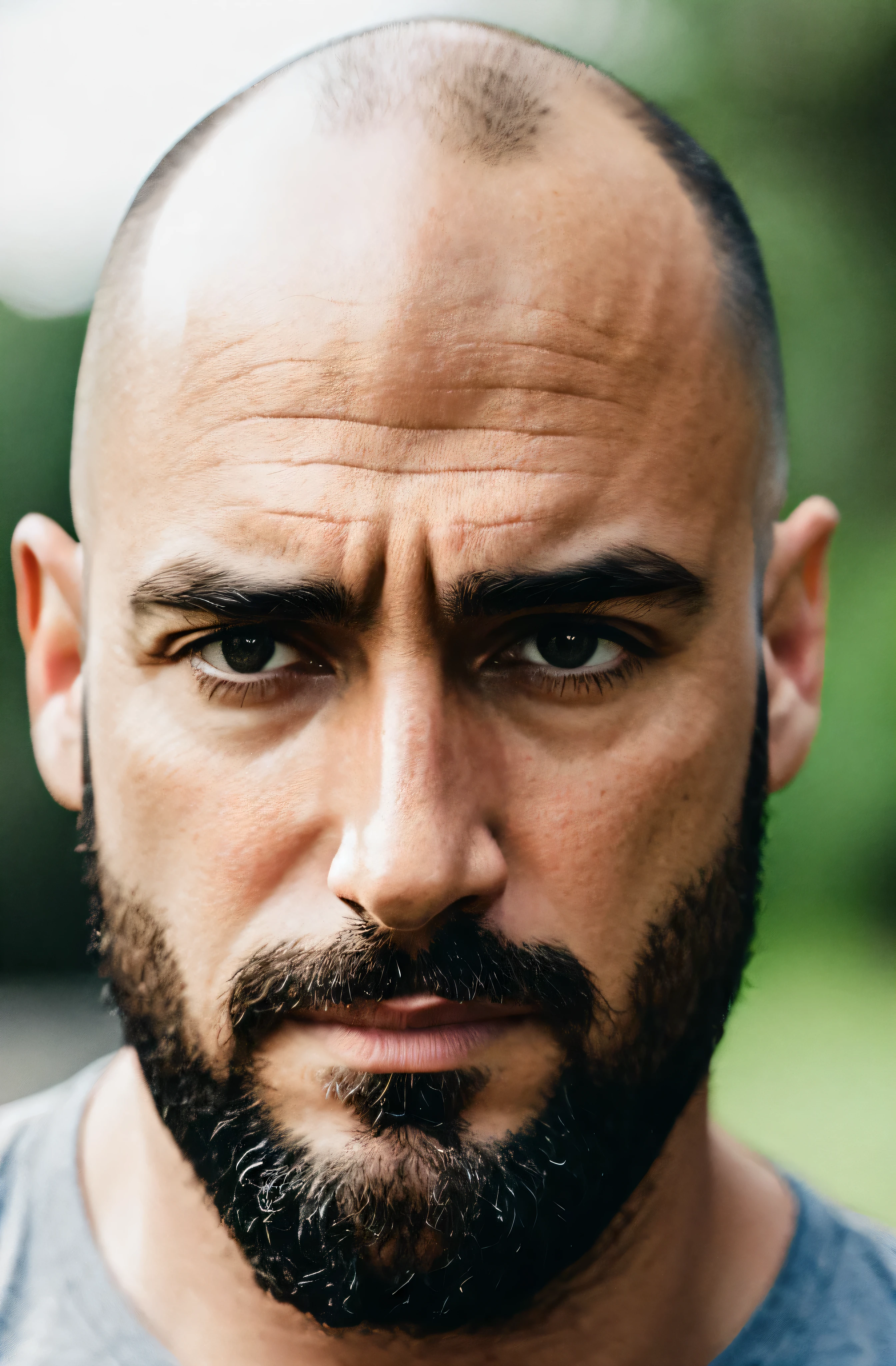 (best quality,ultra-detailed,realistic:1.37),portrait,hiperrealism,hiperdetailed,soft light,natural colors,40 years old man,muscled,handsome,bald,black beard,intense gaze,only head and shoulders,first person perspective,looking directly at the camera