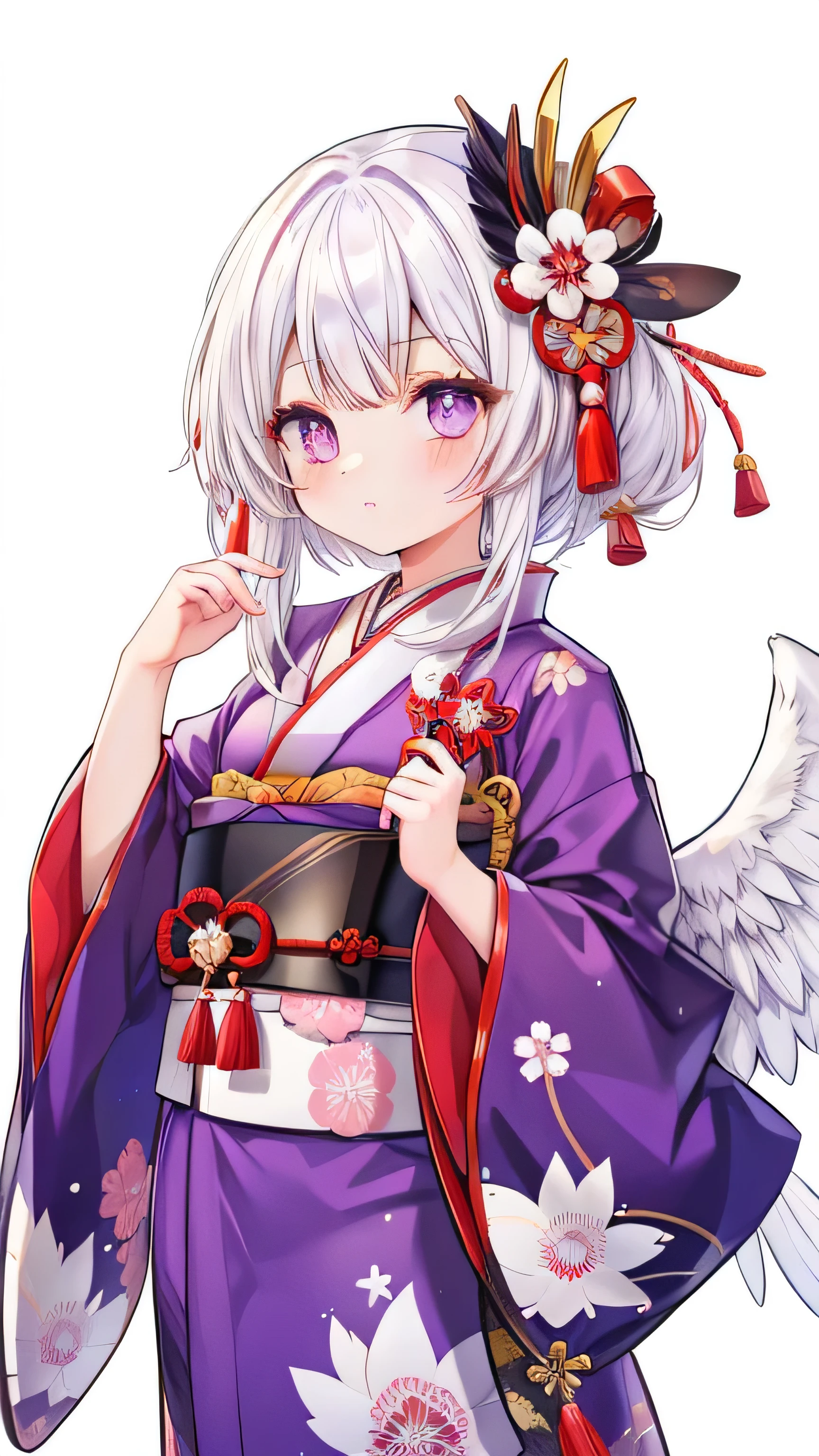 man, Tengu, Onmyoji, hairy, white hair, White feather, Long Wing, Purple pupils, kimono, Japanese style, Simple background