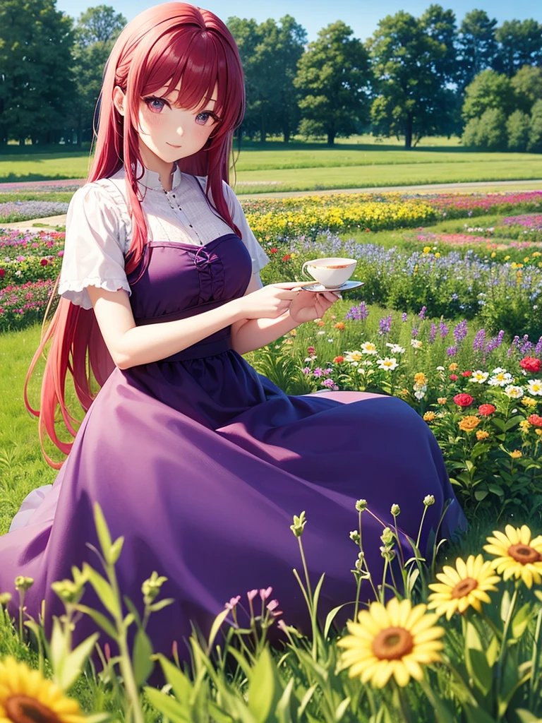 Blue sky, meadow, flowers, one girl, red hair, purple and red dress, garden, having tea, green hair, tying hair, top quality, high definition, super fine, best_detail