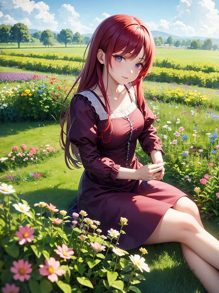 Blue sky, meadow, flowers, one girl, red hair, purple and red dress, garden, having tea, green hair, tying hair, top quality, high definition, super fine, best_detail