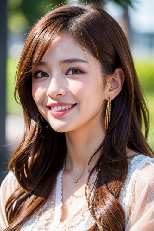 Ultra-high resolution, Superior Quality, highest quality, Very detailed, Realistic, 8k, RAW Photos, highest quality, masterpiece, Attractive girl, Awesome girl, Brown Hair,Wavy Hair、 Shoulder-length layers, Mesh Hair, Japanese Idols, ear piercing、stylish, blouse,smile、Beautiful teeth alignment、