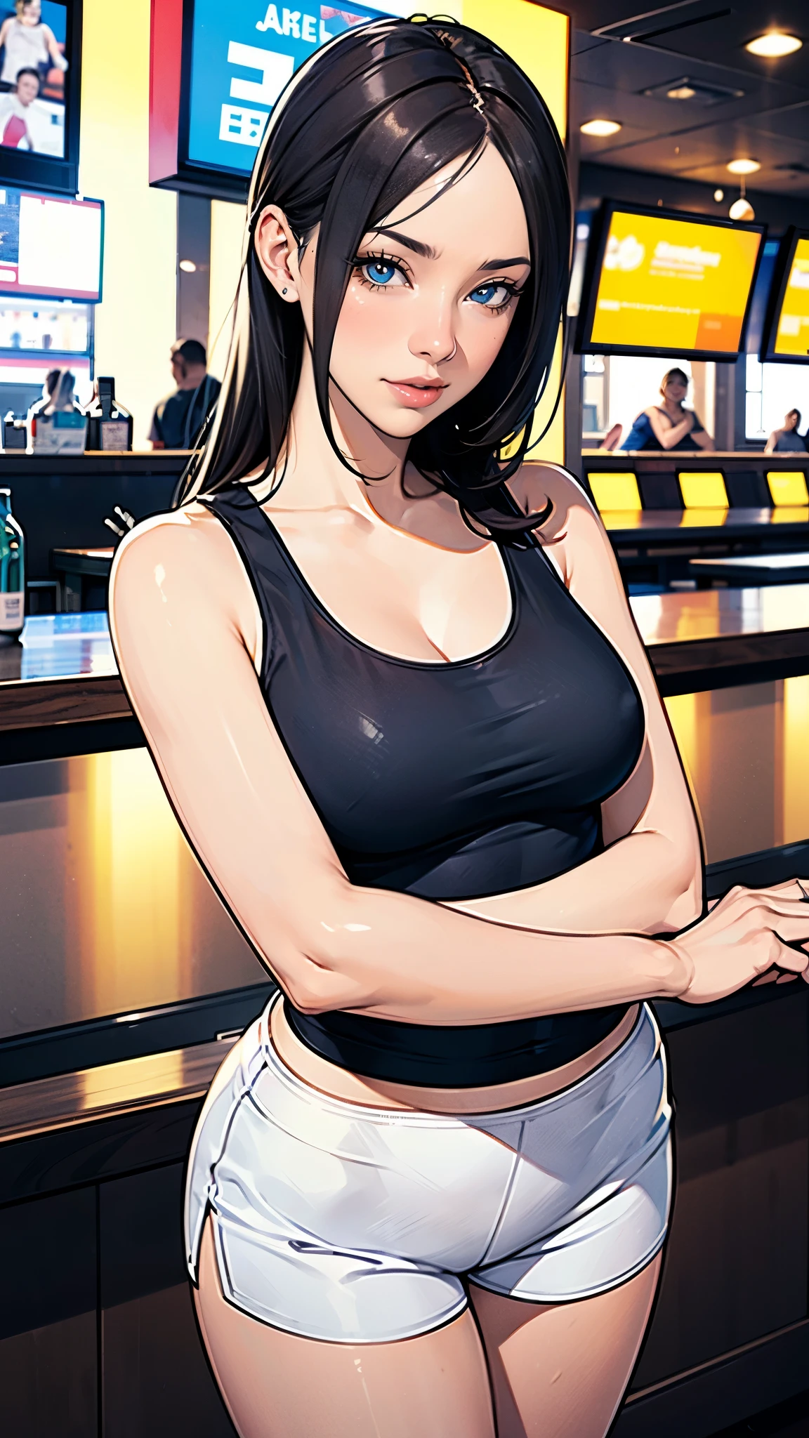 masterpiece,highest quality,Very detailed,High resolution,8k,wallpaper,Perfect lighting,break(One Woman),(Mature woman working as a waiter at a sports bar:1.5),(48 years old),(hooters),(((A very form fitting white tank top:1.5))),((The tank top has the logo of a sports bar on it.:1.5)),(((tiny orange shorts))),(((Very detailedなコスチュームの描画:1.5))),(Beautiful Eyes:1.5),(Detailed face drawing:1.5),(Detailed face drawing:1.5),((Very detailedな女性の手:1.5)),(Shiny skin:1.2),(Big Breasts:1.2),(Thick thighs:1.5),(Sensual body:1.5),(Sports bar background:1.5),(((Blur the background:1.5))),(((I&#39;m embarrassed:1.5)))