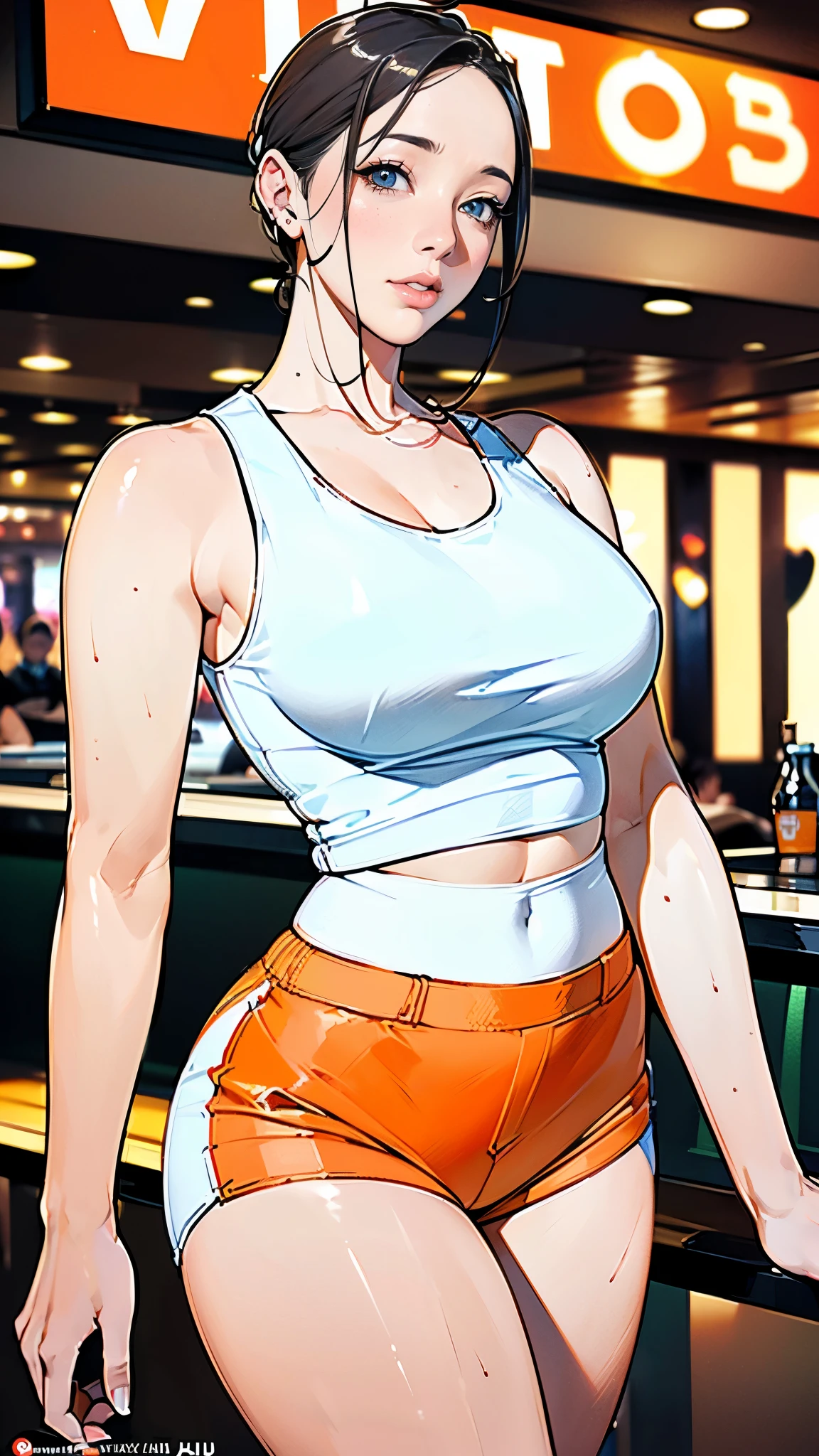 masterpiece,highest quality,Very detailed,High resolution,8k,wallpaper,Perfect lighting,break(One Woman),(Mature woman working as a waiter at a sports bar:1.5),(45 years old),(hooters),(((A very fitted white tank top with a logo:1.5))),(((Orange shorts that dig into your body))),(((Very detailedなコスチュームの描画:1.5))),(Beautiful Eyes:1.5),(Detailed face drawing:1.5),(Detailed face drawing:1.5),((Very detailedな女性の手:1.5)),(Shiny skin:1.2),(Big Breasts:1.2),(Thick thighs:1.5),(Sensual body:1.5),(Sports bar background:1.5),(((Blur the background:1.5))),(((I'm embarrassed:1.5)))