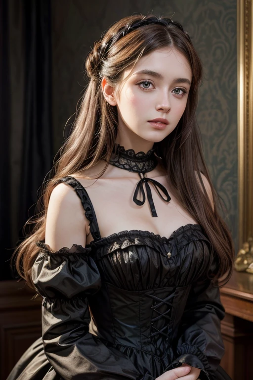 Beautiful brown hair black dress Victorian era beautiful background 