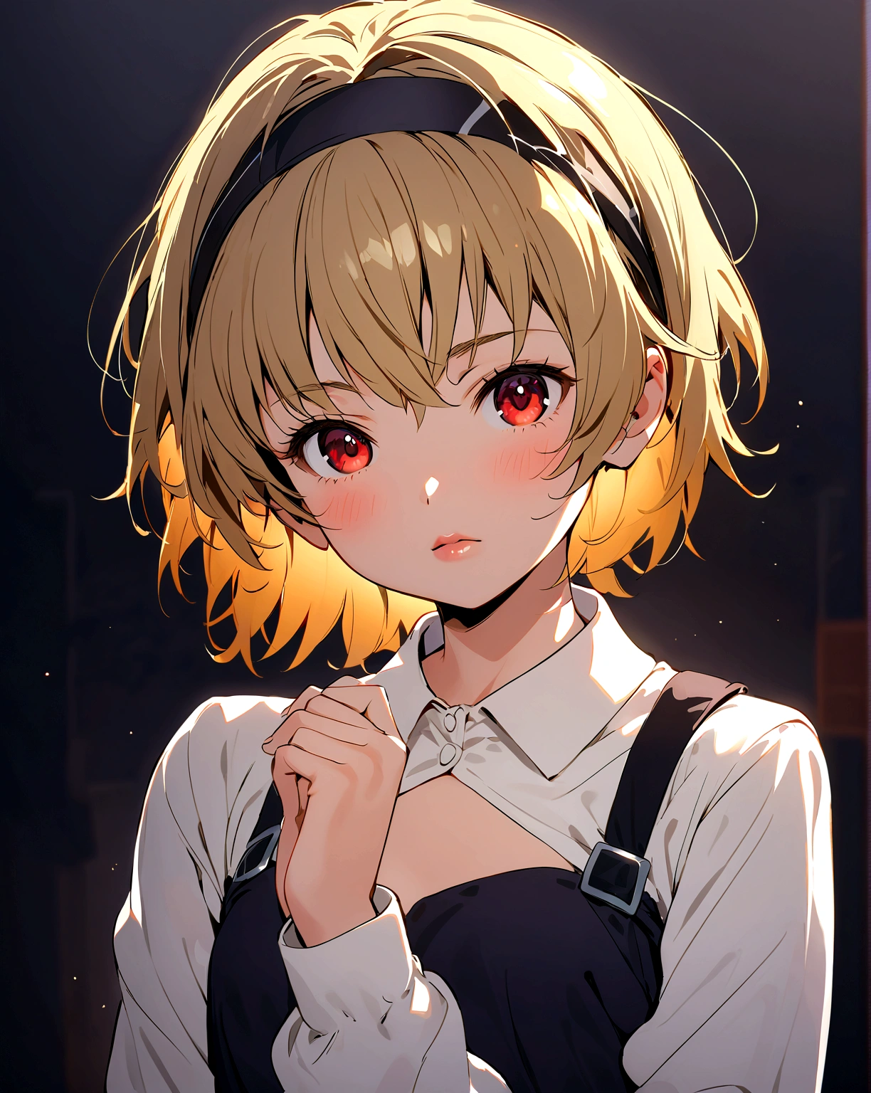 (houjou_satoko), 1girl, (blonde hair), red eyes, short hair, hairband, small breasts,11 years old, solo、Staring at the audience、shirt、Long sleeve、白いshirt、Upper Body、lipsを離す、Raise your hand、lips、