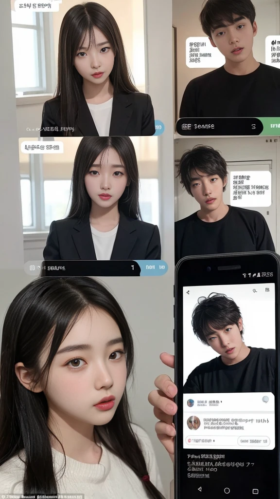 (high quality), (NSFW:1.2), split screen, A delinquent, mature high school girl and a Korean adult man enjoying a smartphone chat app, Her smartphone display shows a number of Korean adult men chatting to a high school girl., Their chat language is English, Men are waiting for her response, popup window, And there's a man, This man is requesting a chat with her on the smartphone screen. Chat takes place alternately between women and men..