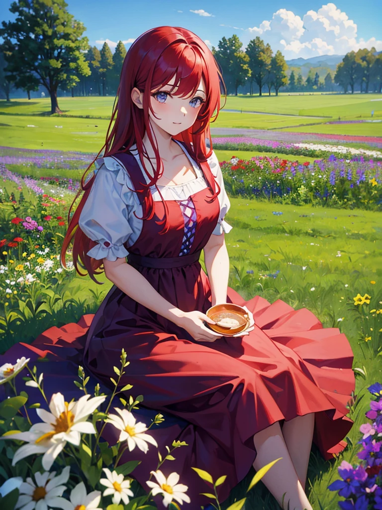 Blue sky, meadow, flowers, one girl, red hair, purple and red dress, garden, having tea, green hair, tying hair, top quality, high definition, super fine, best_detail