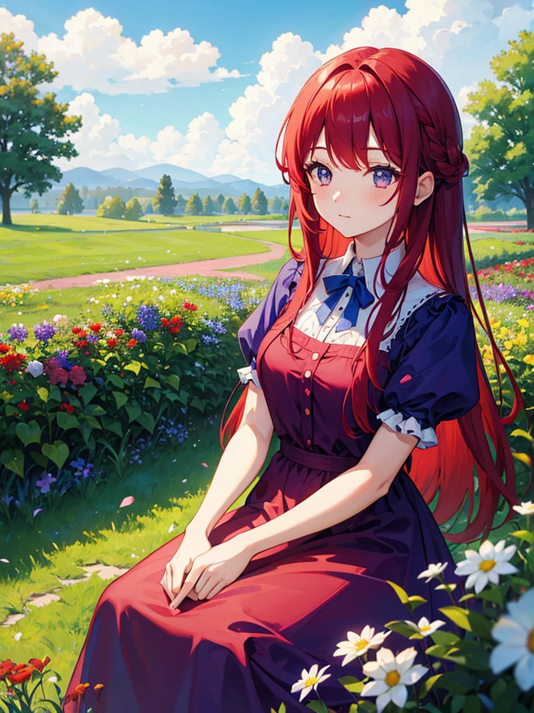 Blue sky, meadow, flowers, one girl, red hair, purple and red dress, garden, having tea, green hair, tying hair, top quality, high definition, super fine, best_detail