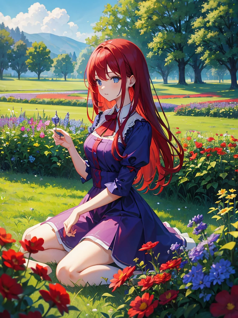 Blue sky, meadow, flowers, one girl, red hair, purple and red dress, garden, having tea, green hair, tying hair, top quality, high definition, super fine, best_detail
