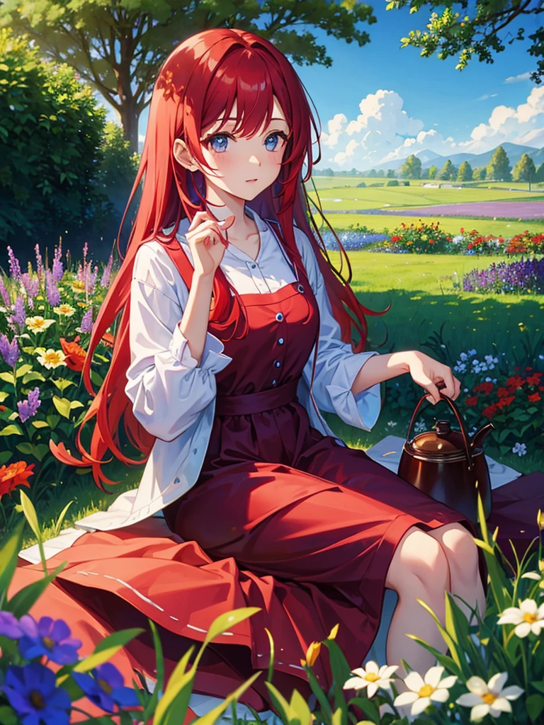 Blue sky, meadow, flowers, one girl, red hair, purple and red dress, garden, having tea, green hair, tying hair, top quality, high definition, super fine, best_detail