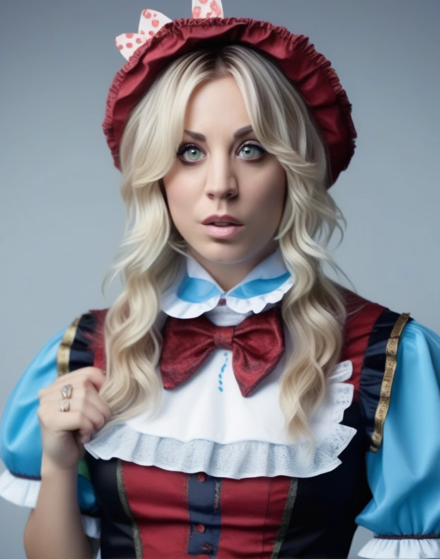 KaleyCuoco,High Quality, Intricately Detailed, Hyper-Realistic cosplay Alice in wonderland,  Portrait Photography, Volumetric Lighting, Full Character, 4k