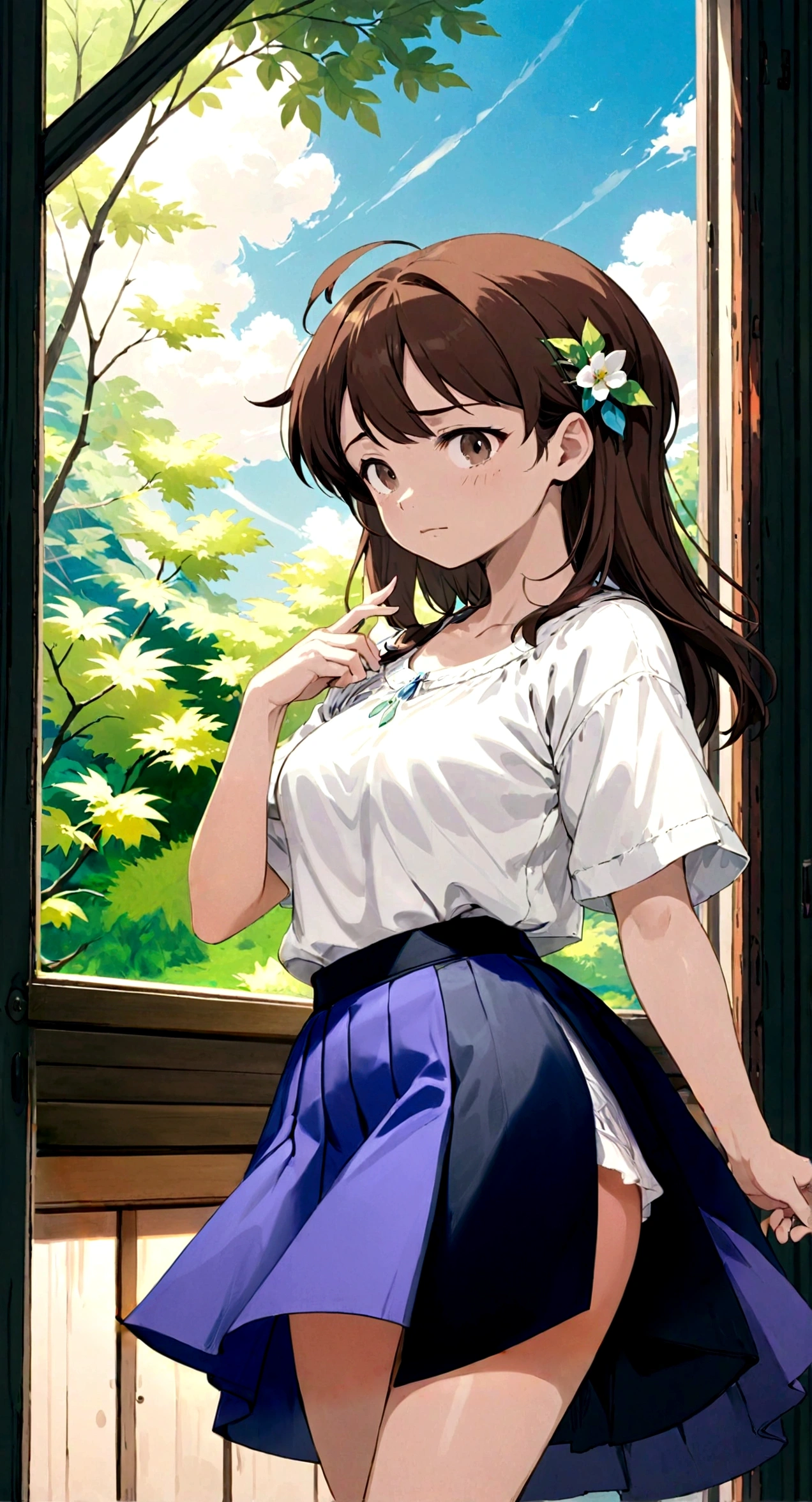 A skirt puffed up by the strong wind、、Skirt that is flipped、
裏地がI can see it　、White lining、I can see it、Anime White Panties、Crotch is visible

