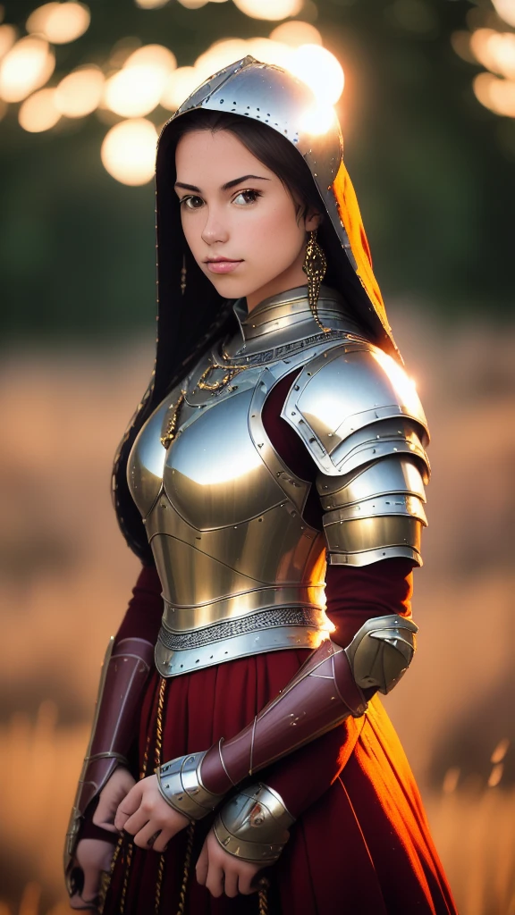 (masterpiece), (extremely intricate:1.3), (realistic), portrait of a girl, the most beautiful in the world, (medieval armor), metal reflections, upper body, outdoors, intense sunlight, far away castle, professional photograph of a stunning woman detailed, sharp focus, dramatic, award winning, cinematic lighting, octane render unreal engine, volumetrics dtx, (film grain, blurry background, blurry foreground, bokeh, depth of field, sunset, motion blur:1.3), chainmail