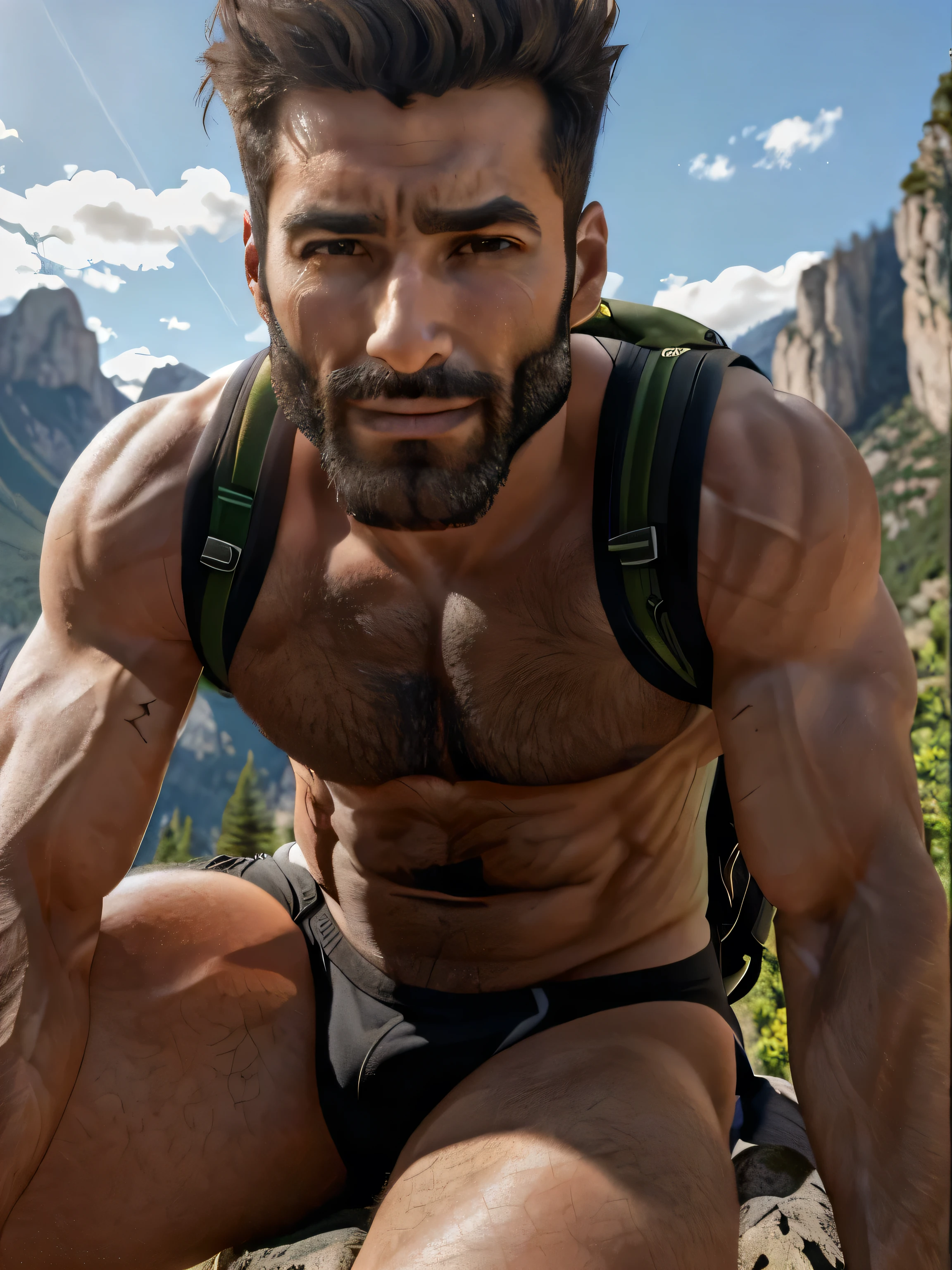Arafed man with a backpack sitting on a rock in the mountains, al aire libre, partially male torso peludo, deportista, gigachad musculoso, plano medio de un guapo, pecho peludo and hairy body, masculino y rudo, Robusto guardabosques macho, torso peludo, pecho peludo, Detalles resistentes, 2 hombres musculosos y atractivos, por Ludovit Fulla