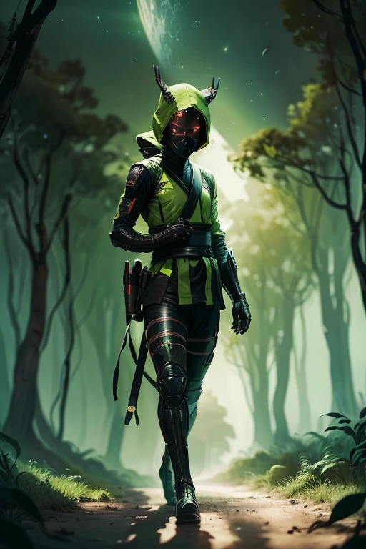 Intergalactic ninja,ciborgues,andando em uma floresta,chamas verdes,raios