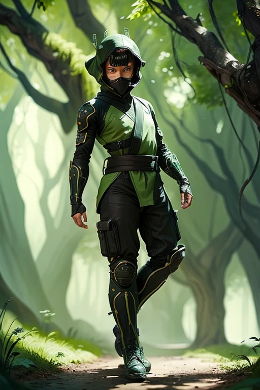 Intergalactic ninja,ciborgues,andando em uma floresta,chamas verdes,raios