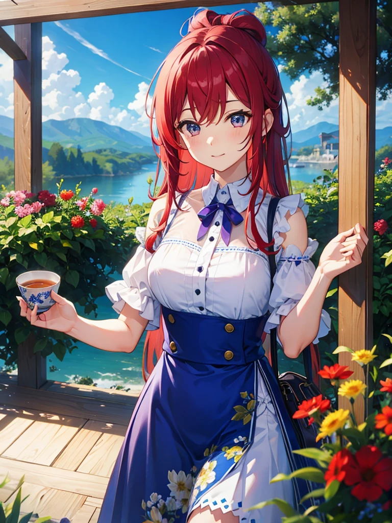 blue sky、grassland、flower、One girl、Red Hair、Purple and red dress、Garden、Tea making、Green Hair、Hair tied up、Highest品質, High definition, Ultra-fine, Highest_detailed
