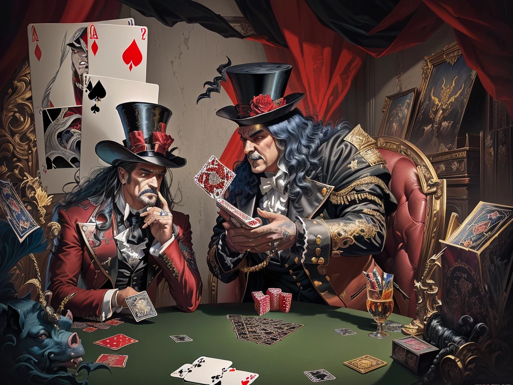 Painting of a man in a top hat and the devil, playing cards, piece of art, album art, detailed cover piece of art, album piece of art, card game illustration, official piece of art, Dave Arredondo, Wayne England, Board game cover, album, Epic fantasy art card game, satirical painting, "Pig, 1 9 8 0's heavy metal album art