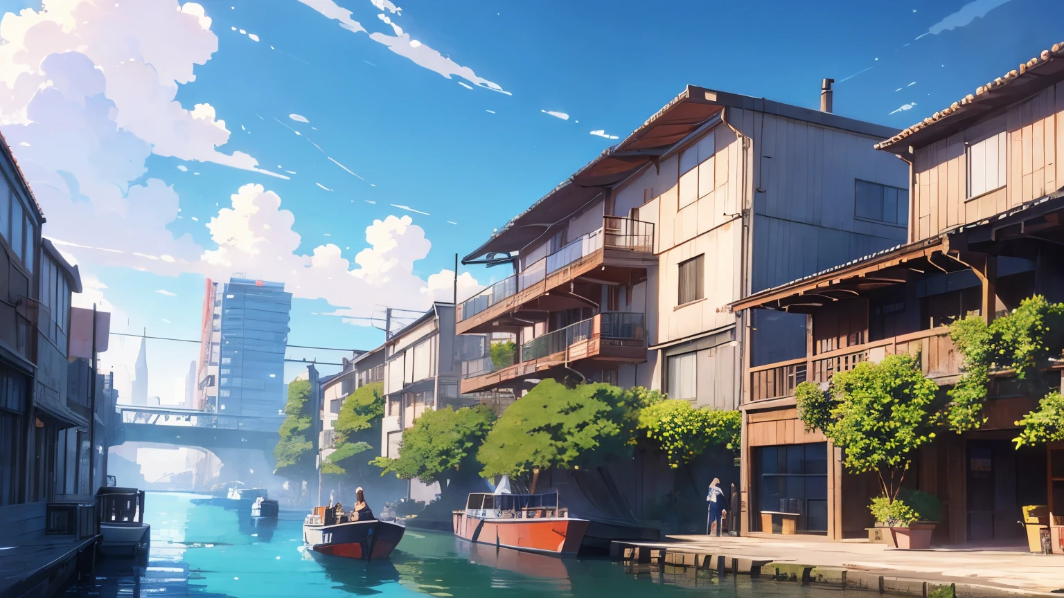 Highly detailed painting of a fantasy ferry harbour with ultra modern ferry boats in lush red vegetation, ultra modern warehouse in the background, Anime background art, Anime landscape, Highly detailed illustration, anime style cityscape, Makoto Shinkai's style, anime backgrounds, Anime landscapes, in the style of makoto shinkai, drawn in anime painter studio, beautiful anime scenery, Anime landscape concept art, Digital painting
