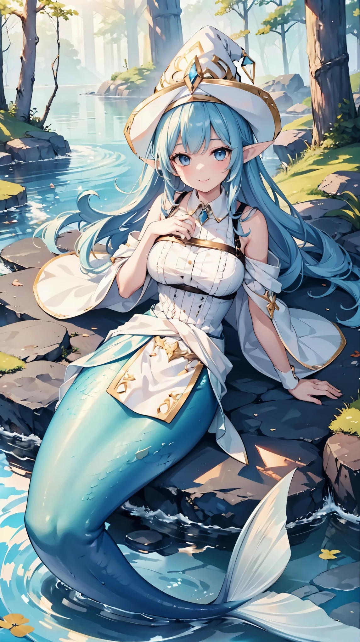 masterpiece, best quality,A girl,Witch, Blue Hair, blue eyes, Elf ears, Wizard Hat, White Dress,Solitary,Large Breasts,Mermaid,蓝色的Mermaid尾巴,full-body shot,charming face(Kawaii, charming,Soft),lying in a pond,forest,looking at the audience,Smile