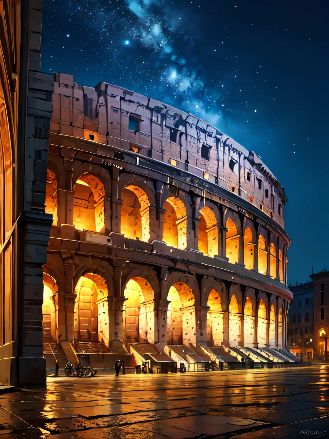 Beautiful digital art, Detailed painting 4k, Highly detailed digital painting, Rich, picturesque colors,The Colosseum from the outside,light up,whole,Anime Style