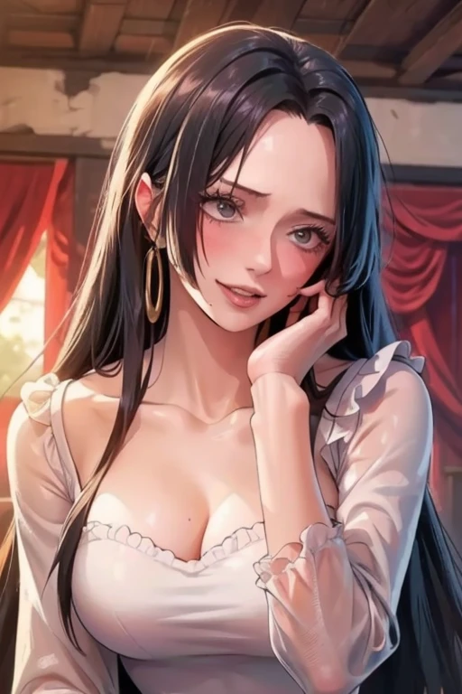 best quality, masterpiece, highly detailed,1girl, Boa Hancock, , (masterpiece:1.5), Detailed Photo, Smiling, Sexy, (8K, Best Quality: 1.4), (1girl), Beautiful Face, (anime realistic Face), (Black Hair, long Hair: 1.3), Beautiful Hairstyle, Realistic eyes, beautiful detail eyes, (white skin), beautiful skin, absurd, attractive, ultra high resolution, ultra realistic, high definition, golden ratio, (sexually aroused:1.5), Pinkish white skin, cool white light, sexy pose, Beautiful , white background, pink soft white light, Wear a black bodycon dress, (messy hair:1.5)